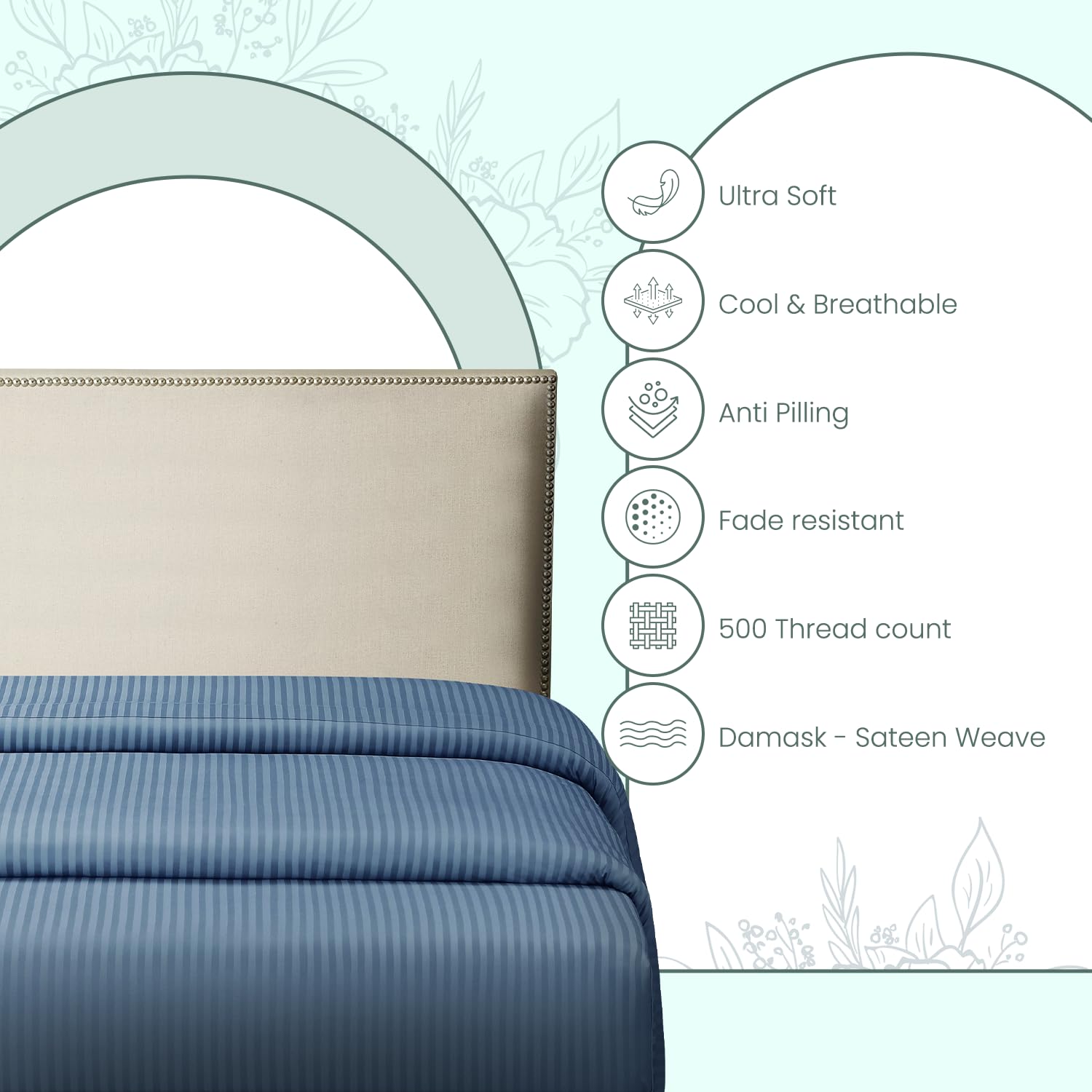 Parure De Lit King Size Damassé Rayé 500 Fils – 100% Coton, Gris, 4 Pièces