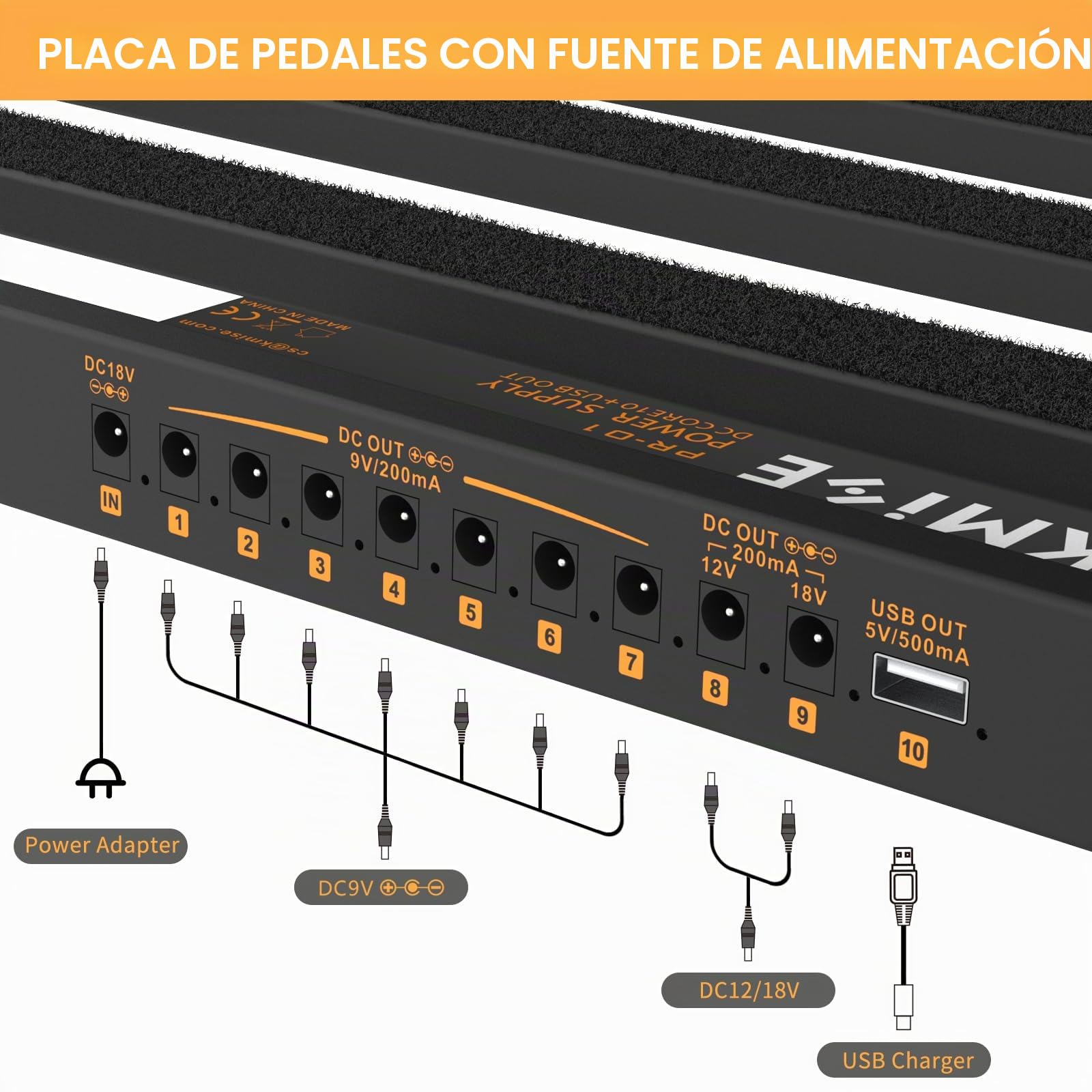 Kmise pedalera guitarra electrica, 49x31,5 x 3,5 cm Diez toma de corriente alimentación pedalboard,con Bolsa,cable de pedal, cargador, velcro, cierre de cremallera