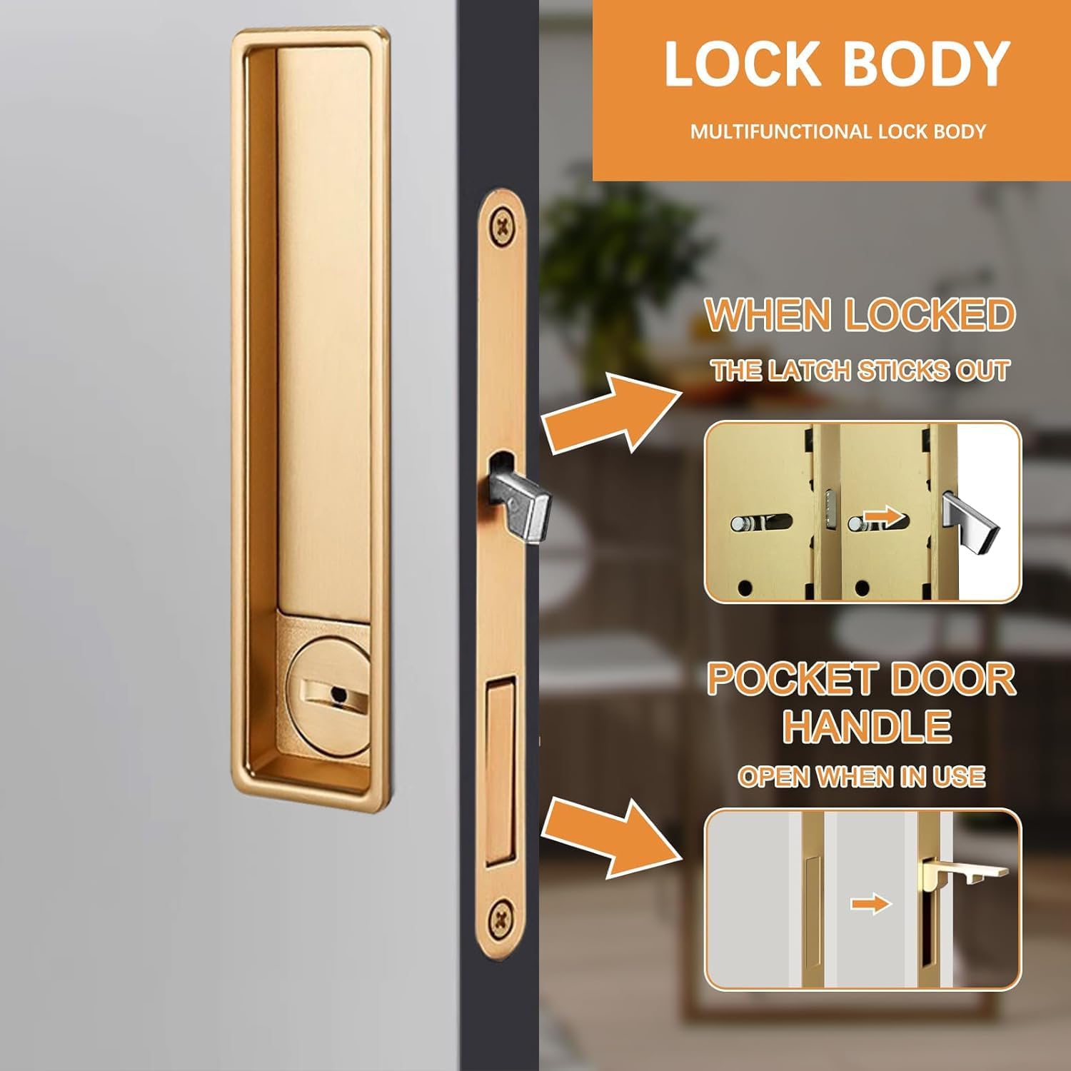 Pocket Door Lock Hardware with Pull,Invisible Sliding Door Lock Handle, Recessed Door Handle Lock for Furniture Hardware, Gold