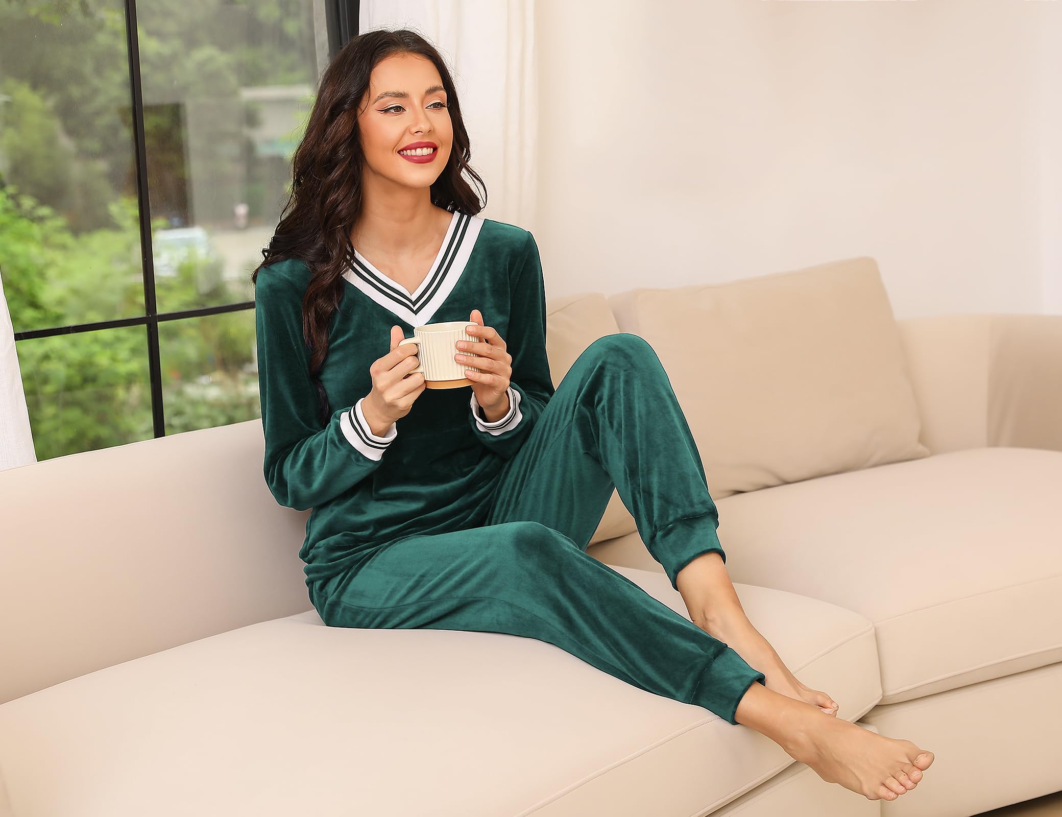 Irevial - Conjunto de sudaderas con cuello en V a rayas de terciopelo aplastado con bolsillo - verde - Medium