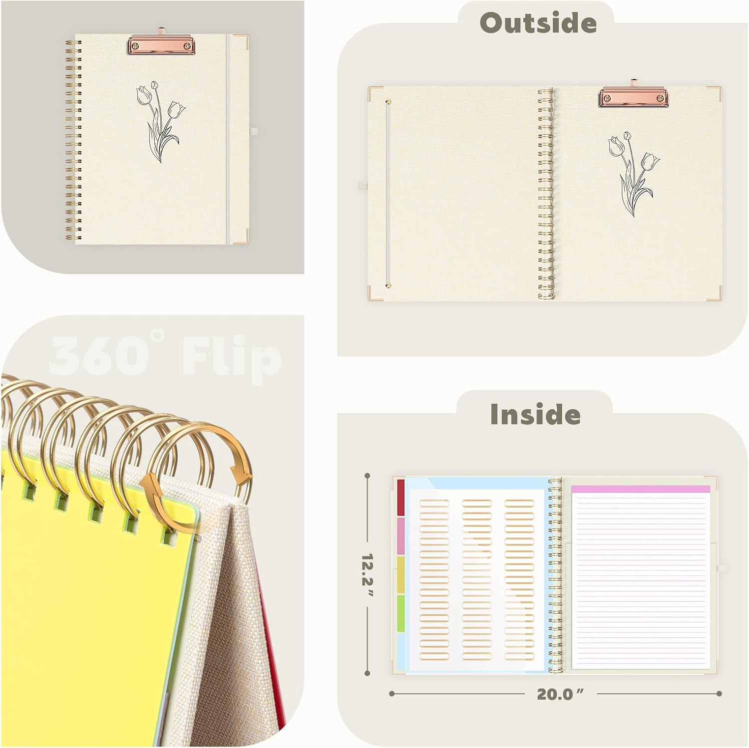 EYROZILL Clipboard with Storage, Clipboards for Letter Size, Clip Board with 5 Folders and 10 Pockets, Spiral Cute Clipboard for Office School Nursing, 8.5'' x 11'' (Linen Beige, Letter Size)