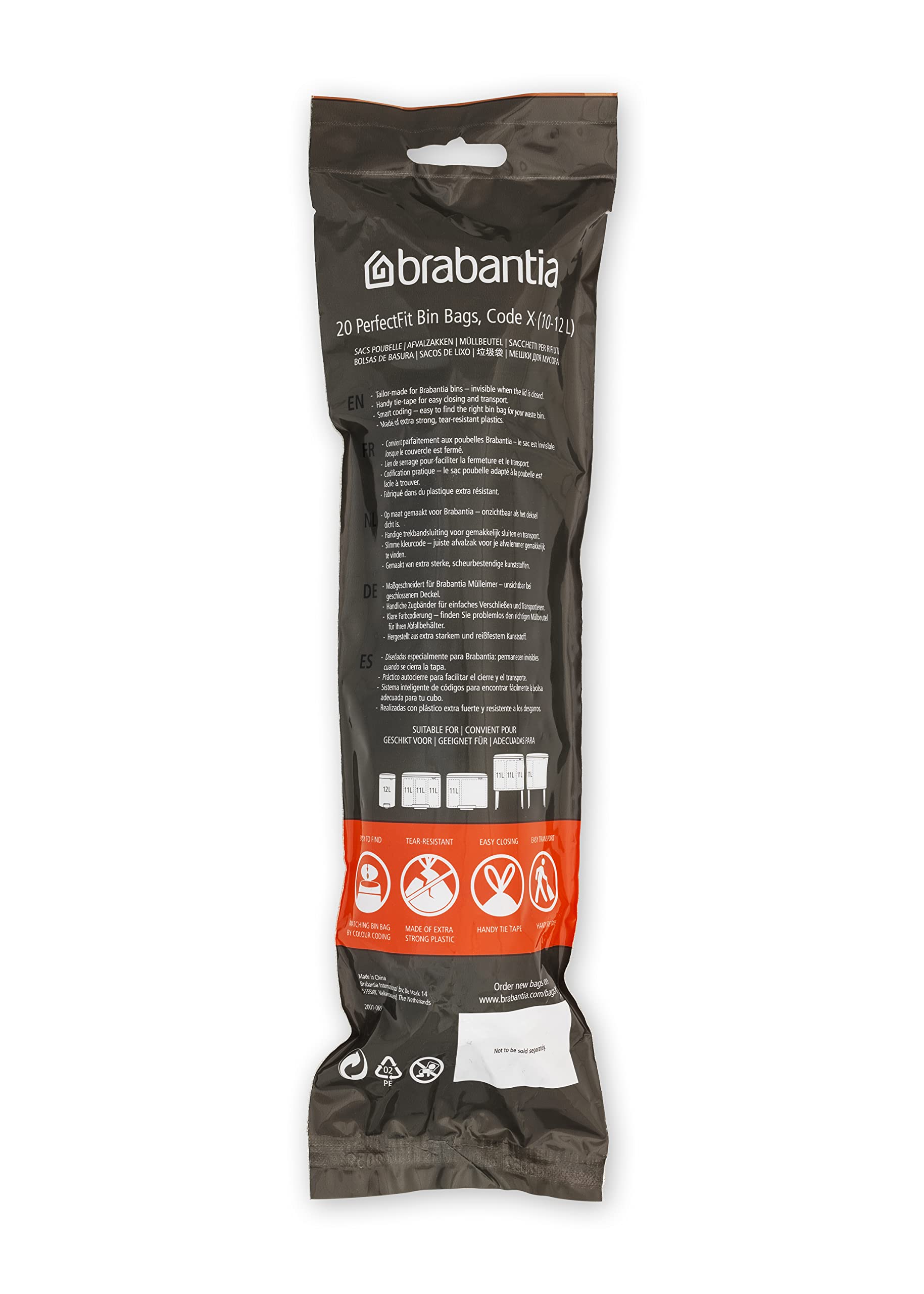 Brabantia Sacs Poubelle PerfectFit Multipack (Code X - 10L / 12L), Ultra Résistant, Poignées Coulissantes, 10 rouleaux (200 Sacs)