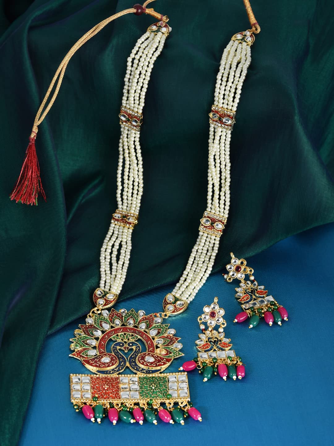 Women's Peacock Inspired Meenakari Long Necklace & Earring Set