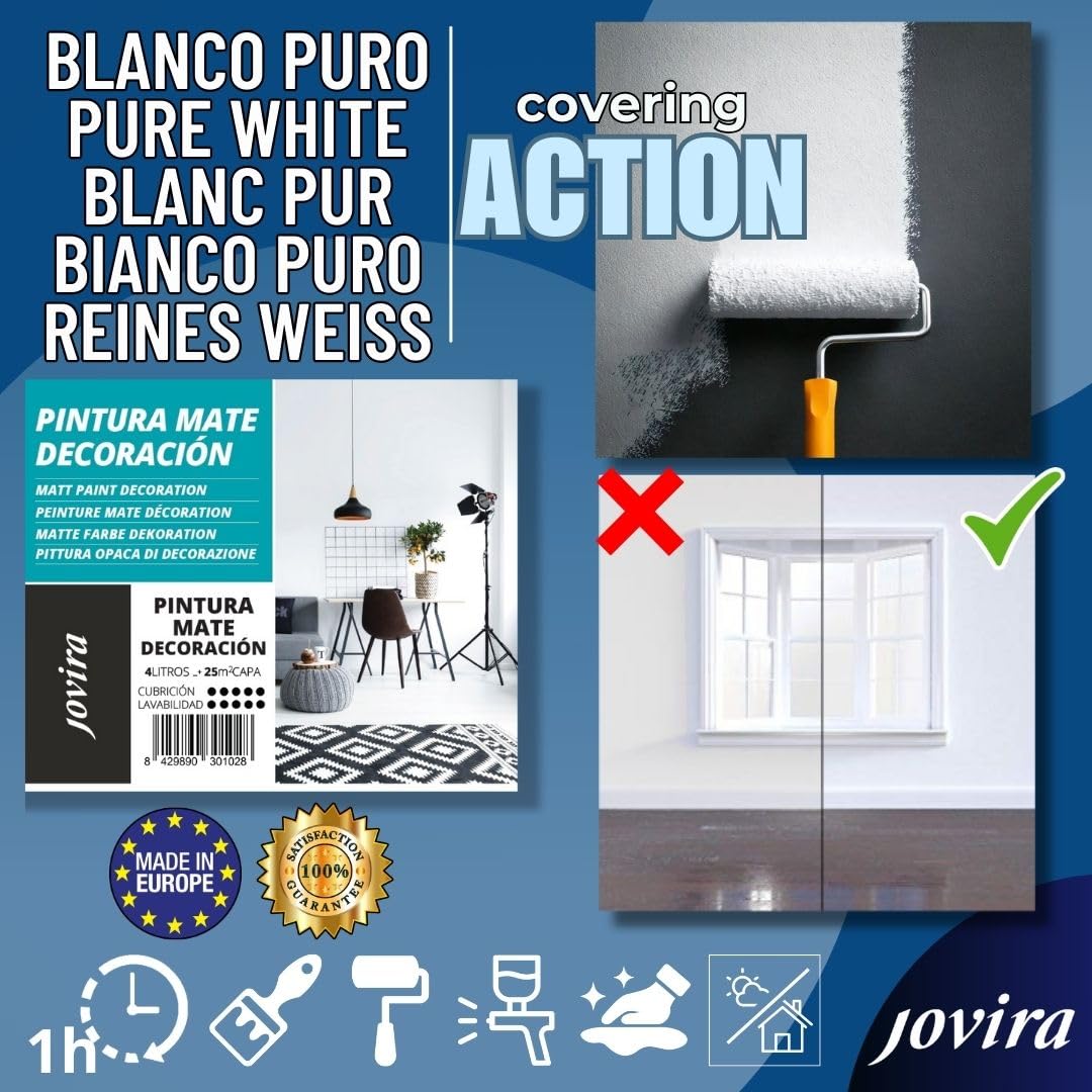 JOVIRA PINTURAS Pittura per pareti e soffitti. Pittura plastica opaca appositamente indicata per pareti e soffitti (2x4 Litri, Bianco).