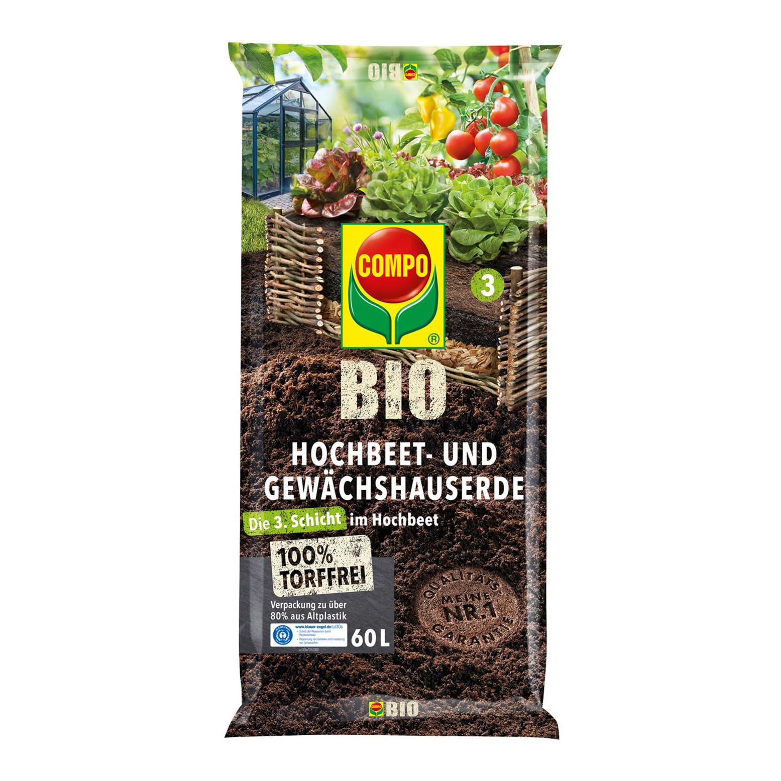 COMPO BIO Hochbeet- und Gewächshauserde 60L – torffrei, Humusreich, 5-Wochen-Nährstoffversorgung