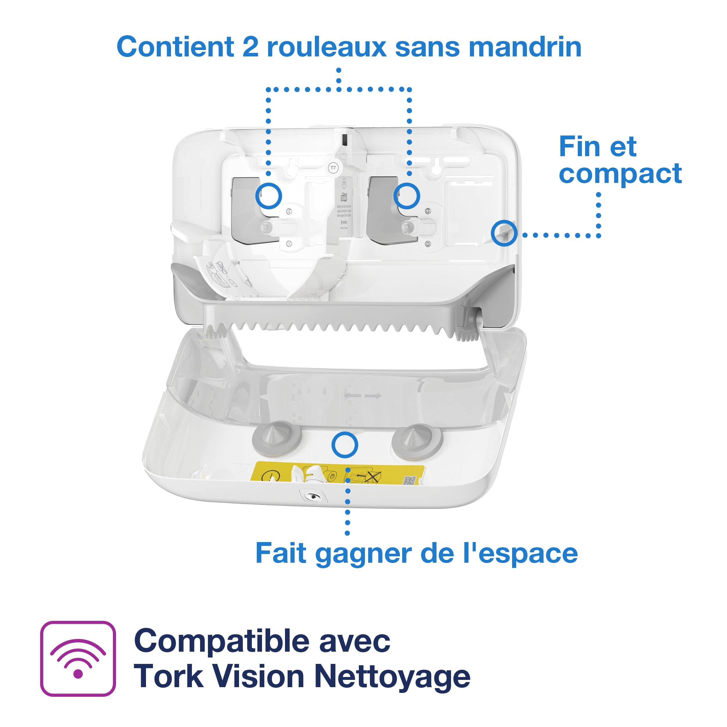 Tork Distributeur murale pour papier toilette rouleau mid-size sans mandrin blanc T7, gamme Elevation, 558040