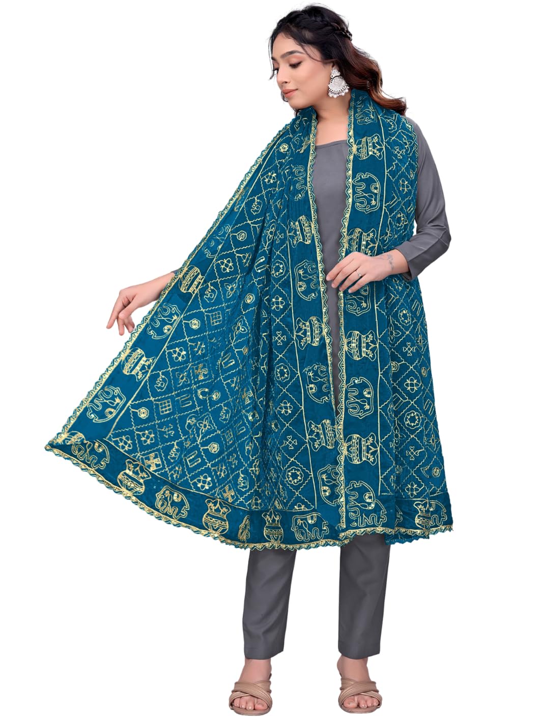 Art Silk Embroidery And Sequins Work Dupatta With Vintage Pattern And 4 Side Lace For Wedding Sangeet Festival Styling-image-7
