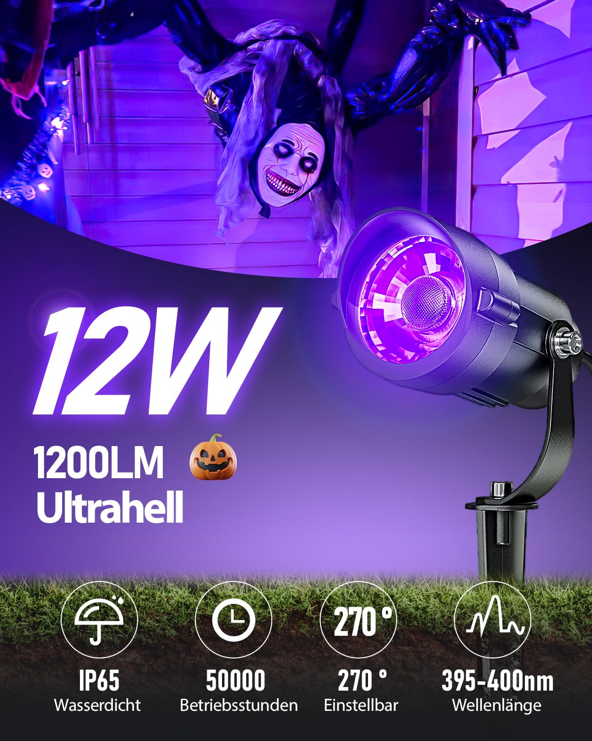 12W Schwarzlichtlampe mit 1.5M Kabel Stecker, Schwarzlicht Strahler Gartenstrahler Wasserdicht, 270° Drehwinkel Schwarzlicht Halloween Strahler für Party, Leuchtreklame, Neonfarben, Garten