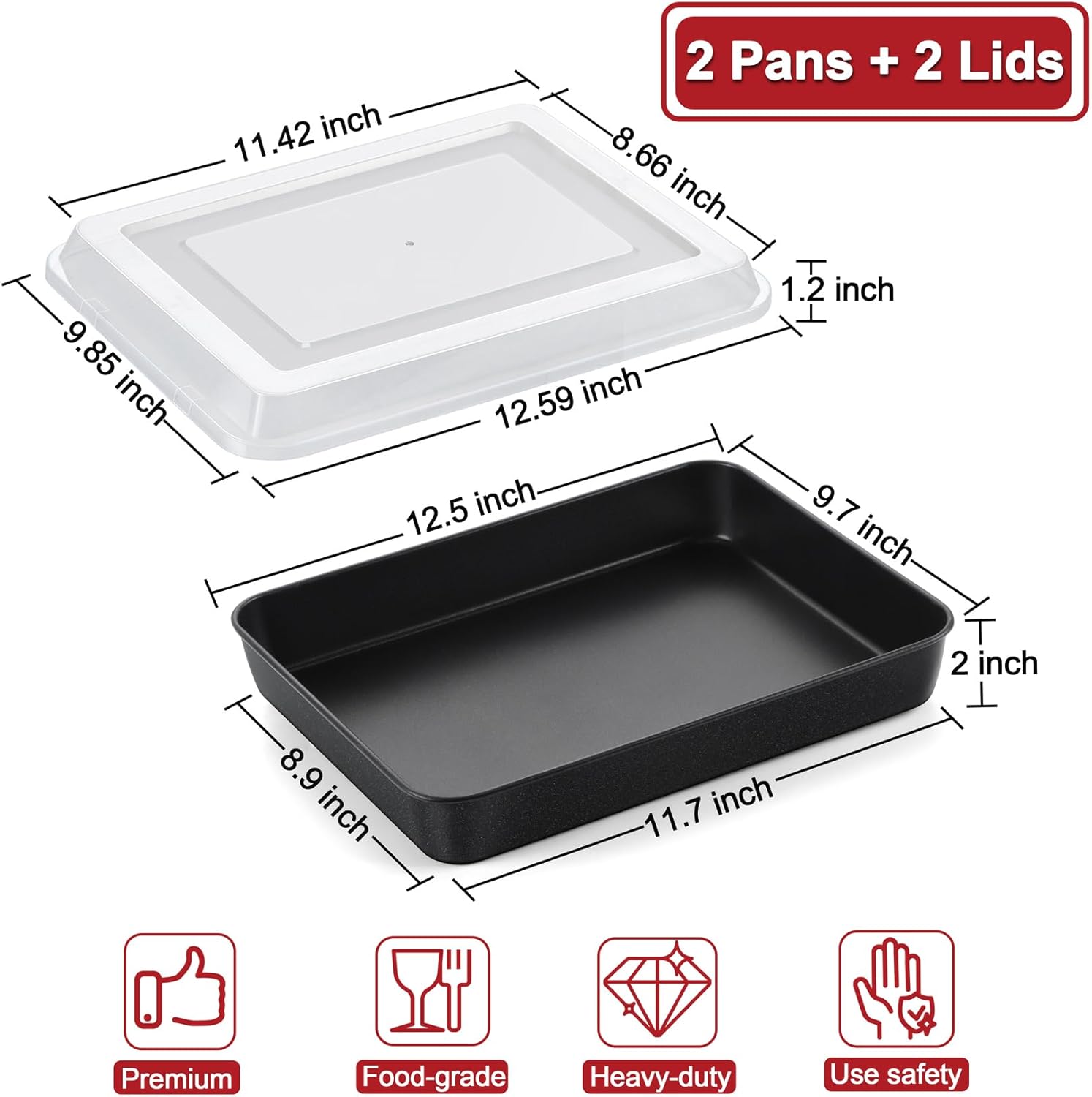 P&P CHEF Toaster Oven Pan with Lid, Nonstick Cake Lasagna Pan Rectangular Tray for Baking Roasting Storing, Stainless Steel Core & Plastic Cover, Oven & Freezer Safe, (12.5 Inch, 4Pcs)