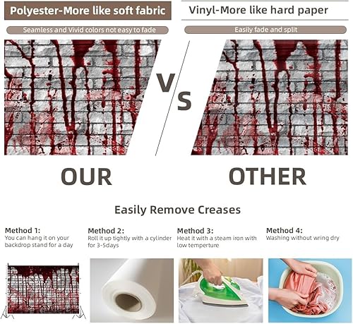 Miniatura 8 de Telón de fondo de pared de ladrillo sangriento de 7 x 5 pies, para Halloween, diseño de salpicaduras de color rojo aterrador, fondo de sangre de