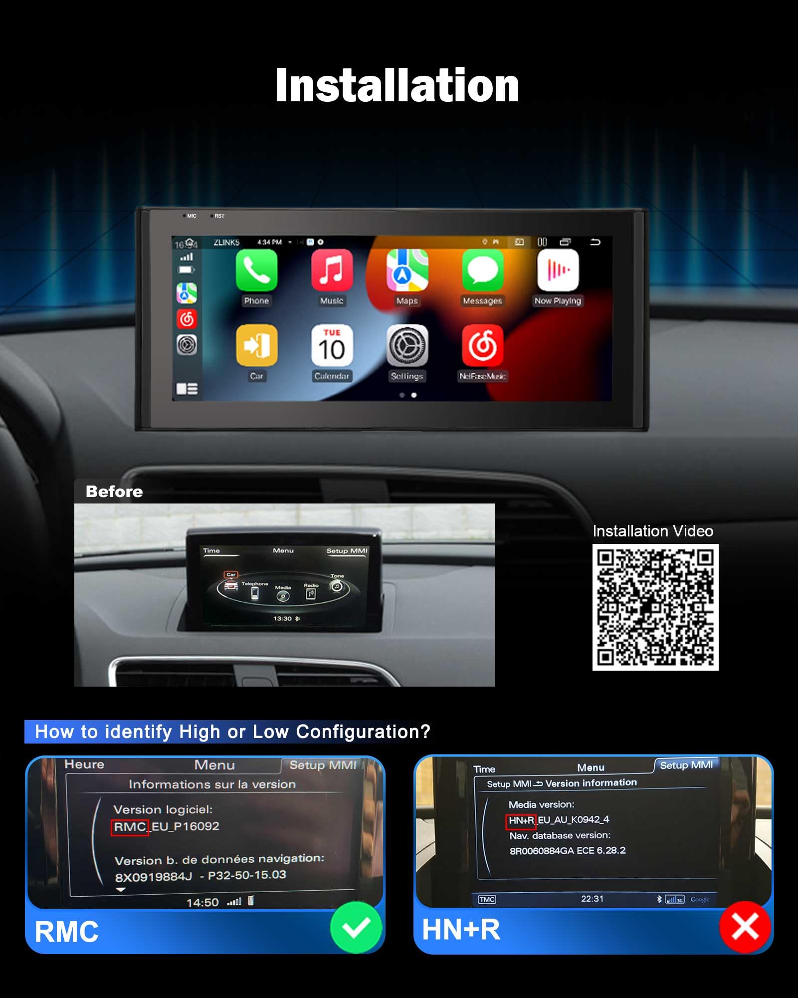 Android 14 Qualcomm 8-rdzeniowy 4 GB 64 GB radio samochodowe do Audi Q3 2013-2016 obsługuje nawigację GPS bezprzewodowa Carplay 10,2-calowy ekran IPS SWC WiFi DSP DAB+ Bluetooth 5.1 Canbus MMI