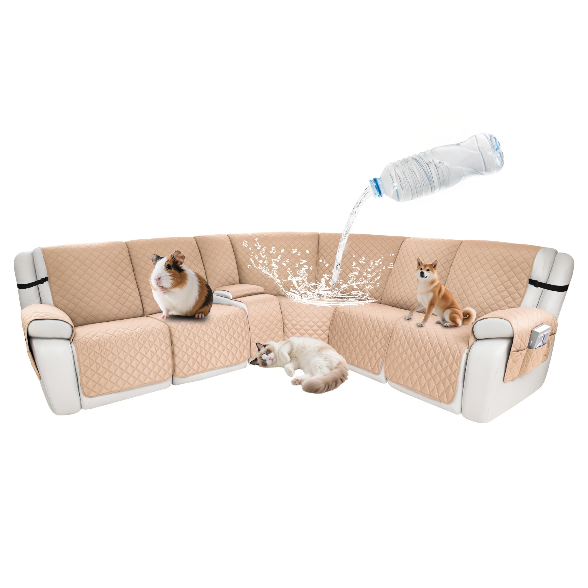 Waterproof Sectional Reclining Couch Covers L Shaped Recliner Sectional Sofa Cover 8 Piece Non Slip Washable Corner Recliner Slipcover Set for Pet Dog (5 Seater 1 Console Cover,Light Apricot)