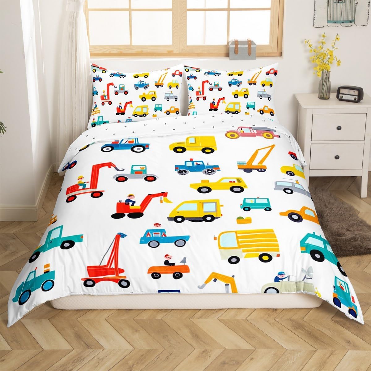 King Construction Excavator Duvet Cover,Cartoon Cars Bedding Set,Various Types of Bus Truck Comforter/Quilt Cover,Child Kids Boys Girls Room Decorative (1 Duvet Cover 2 Pillowcases) Colored