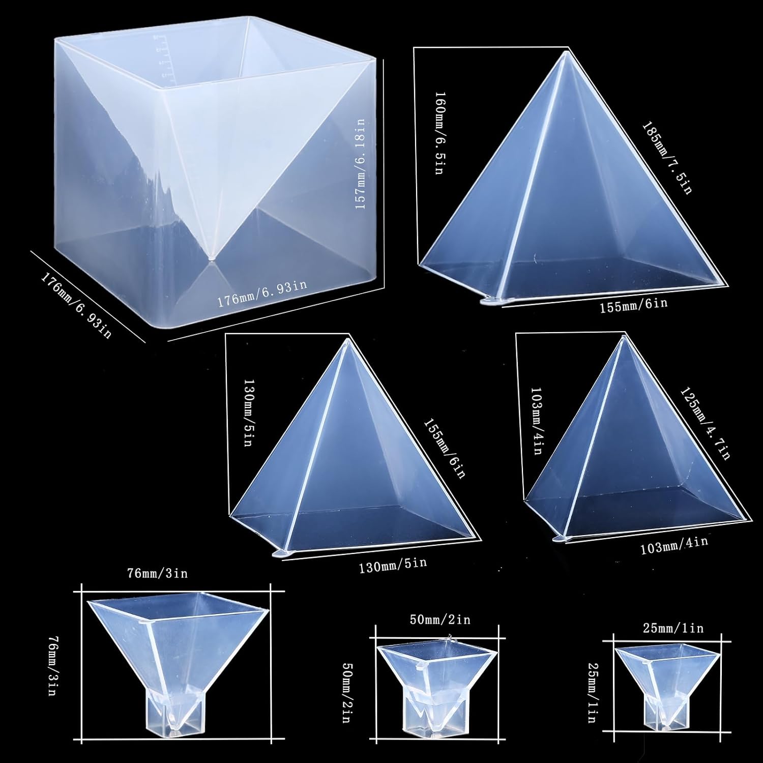6pc Super Pyramid Silicone Mould Resin Craft Jewelry Crystal Mold Large Pyramid Resin Casting Silicone Jewelry Molds for Paperweight for Home Decoration Office Desk,1-7.5inch+Plastic Frame