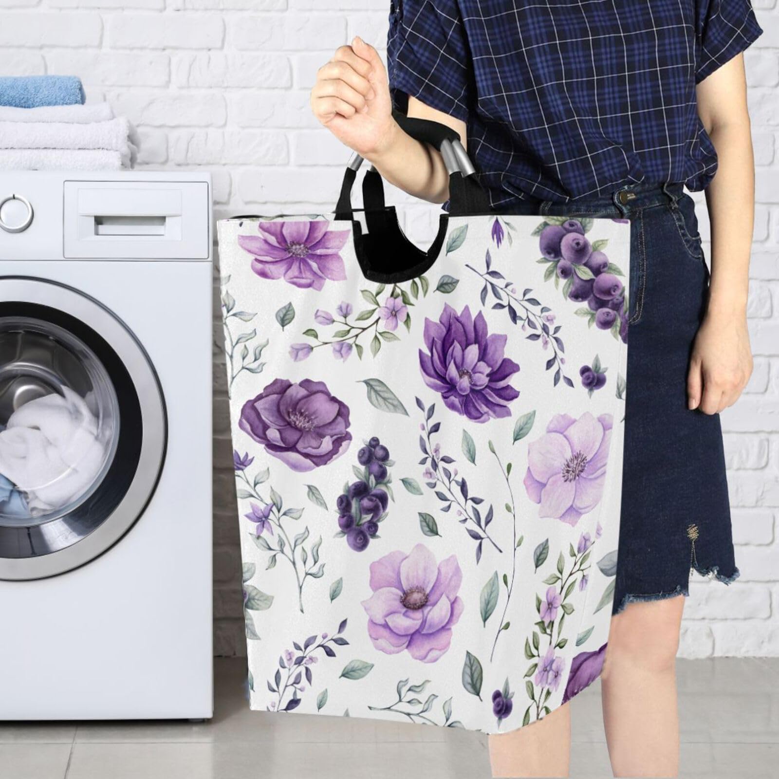 CaTaKu Floral Watercolor Purple Baby Laundry Baskets Collapsible, Large Tall Clothes Hampers for Kids Laundry Room Organizer Foldable Storage Bins with Handles