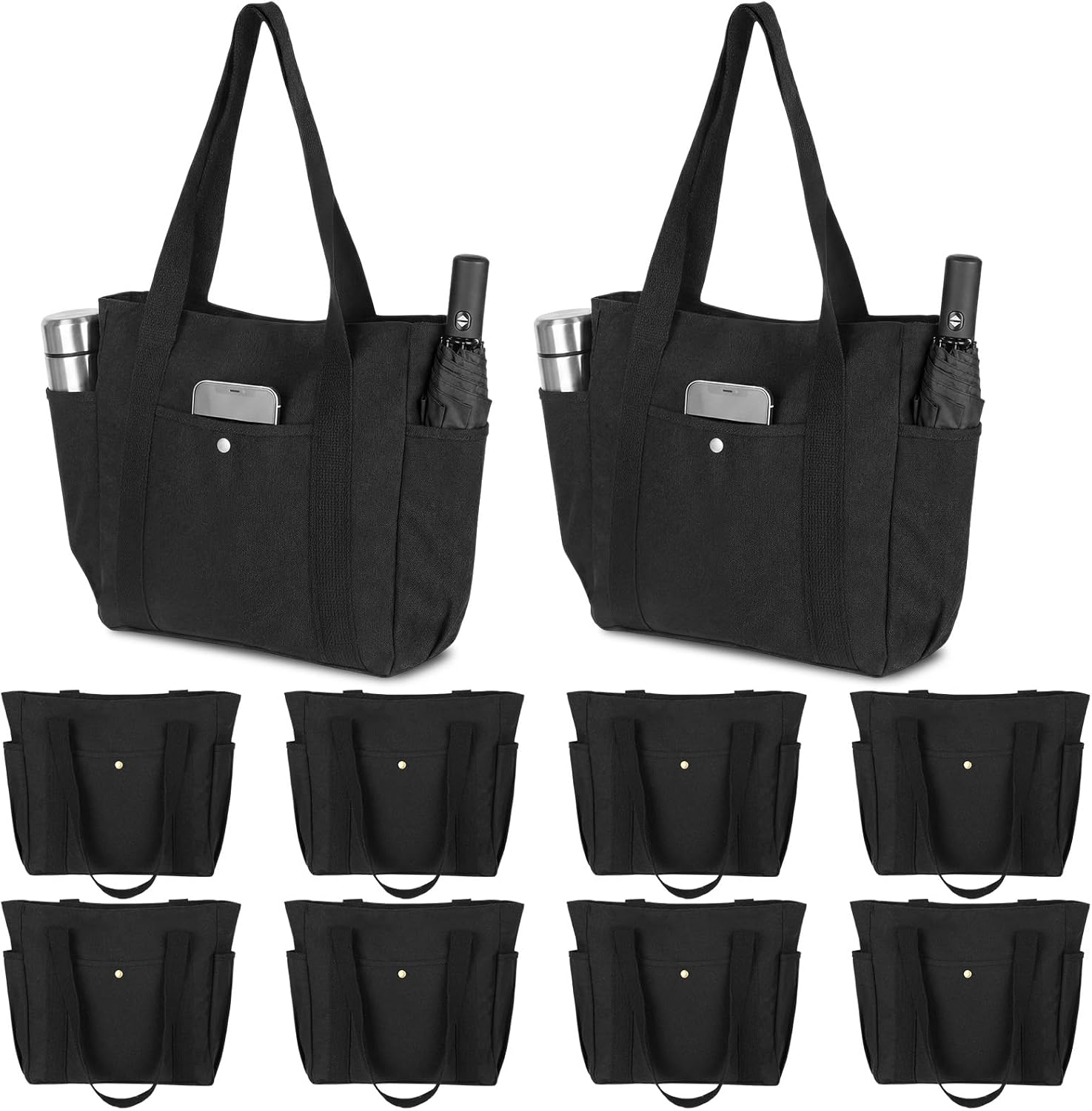 Sadnyy Black 10 Pcs Canvas Tote Bags for Women Reusable Shoulder Tote Bag with Zipper Shopping Grocery Handbag for Work Travel