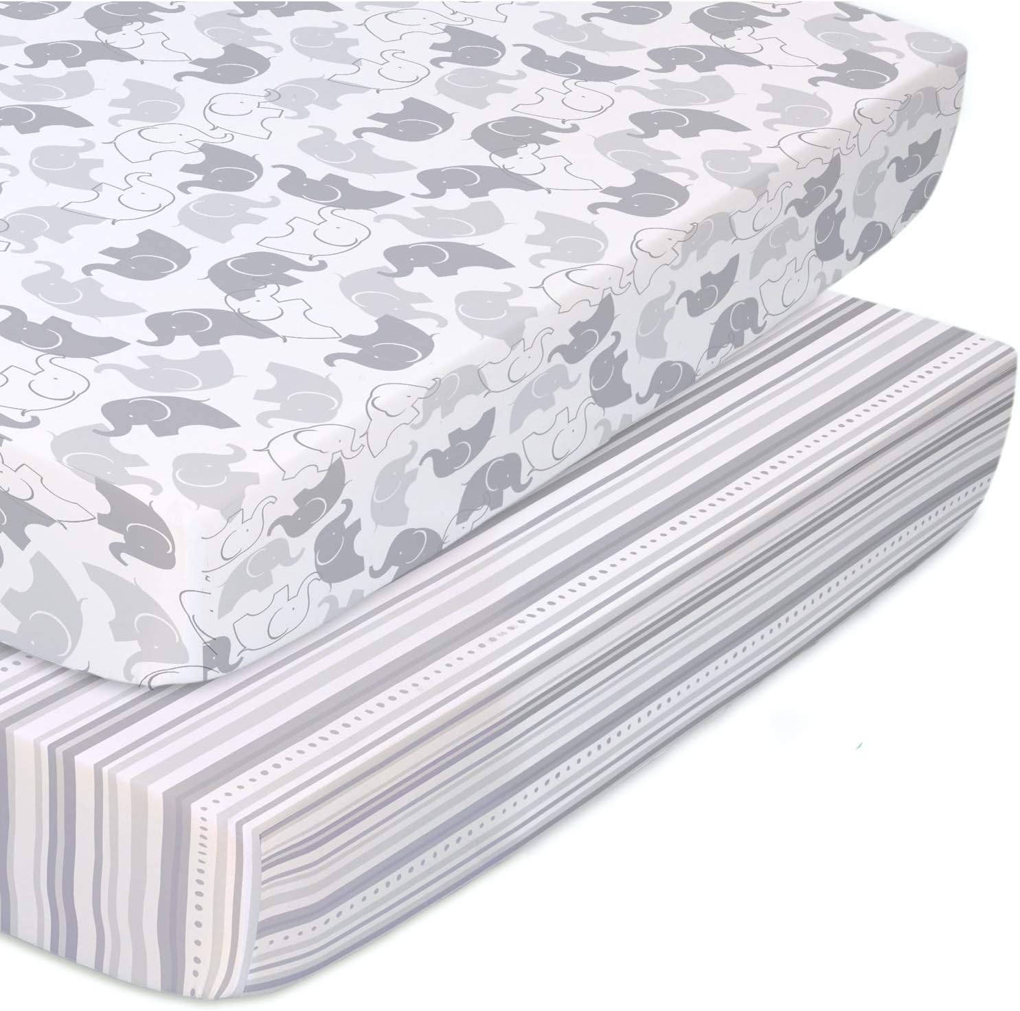 The Peanutshell Fitted Pack n Play, Playard, Mini Crib Sheets for Baby Boys or Girls | 2 Pack Set | Grey Elephant and Stripes