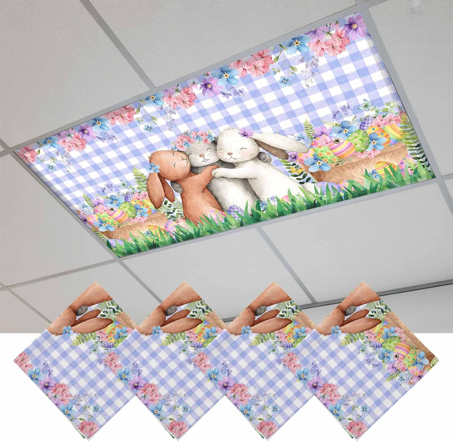 Easter Bunny Fluorescent Light Covers for Ceiling Lights 4x2 feet,4 Pack Magnetic Light Filters for Classroom,Cute Rabbits Colorful Eggs Flower Purple Plaid Fluorescent Lamp Shade Panel for Office