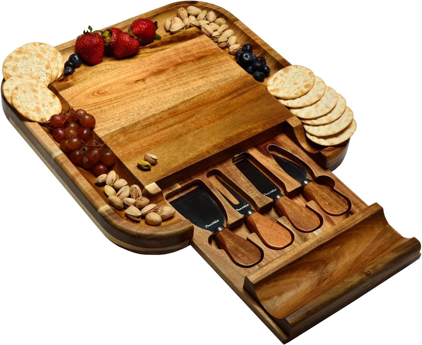 Picnic at Ascot Original Bamboo Cheese/Charcuterie Board with Cracker Groove & Drawer with Cheese Tools - Designed & Quality Checked in the USA
