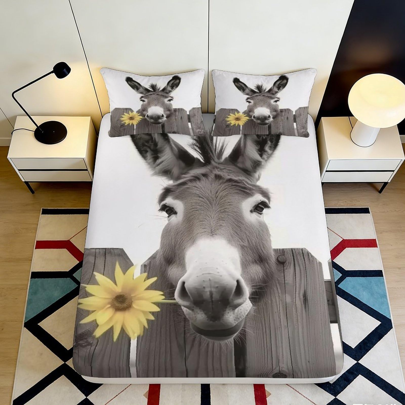 3D Printed Donkey Sunflower Fitted Sheet Microfiber Soft Bed Cover for Bedroom Dorm Decor Mattress Protection 90x200x25cm