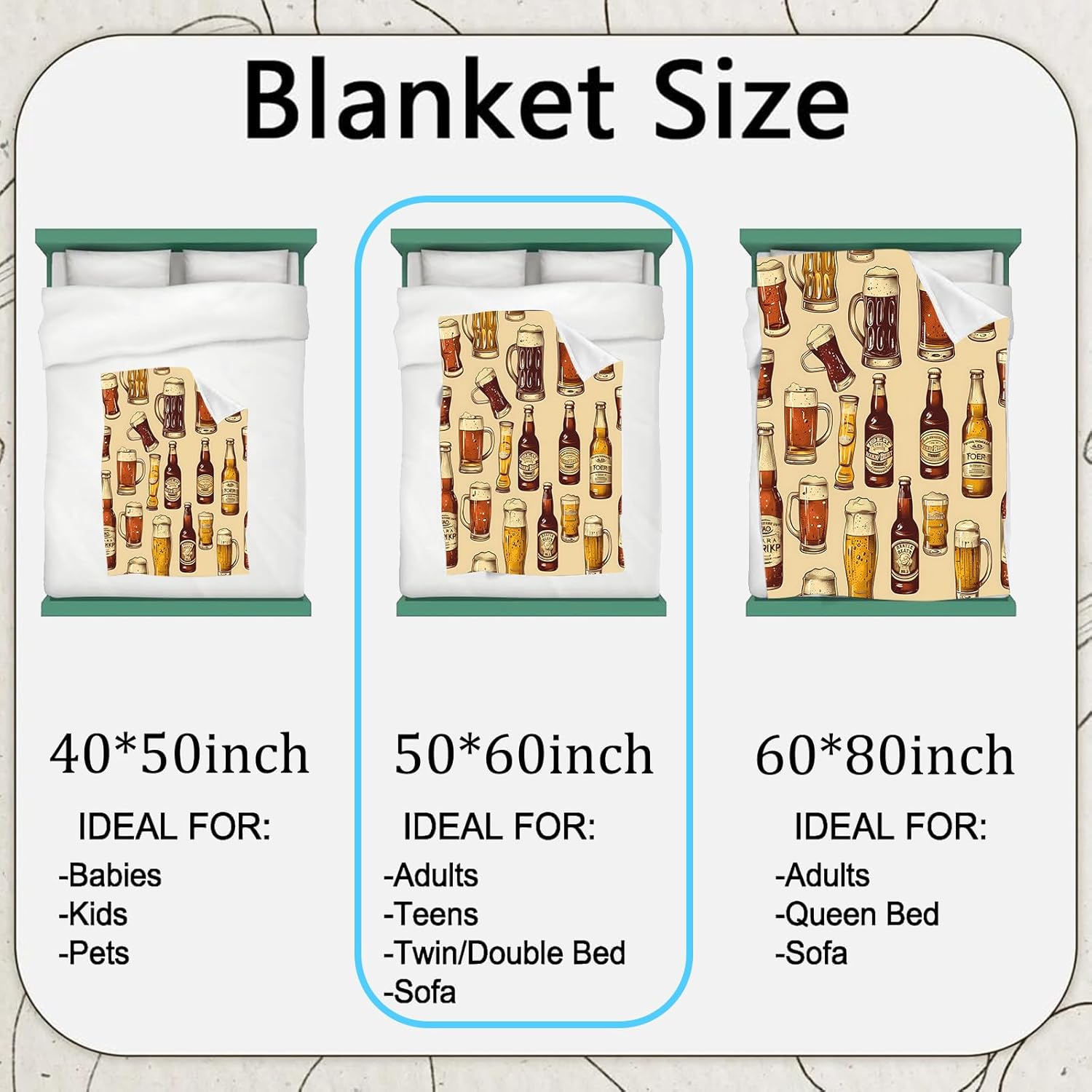 Beer Flannel Blanket,Vintage Bar Style Throw with Bottle,Mug and Glasses on Tan Background,Lightweight Fleece Blankets for Men,Couch,Cabin,Bed,Camping Retro Decor Gifts,60x50in - Image 3