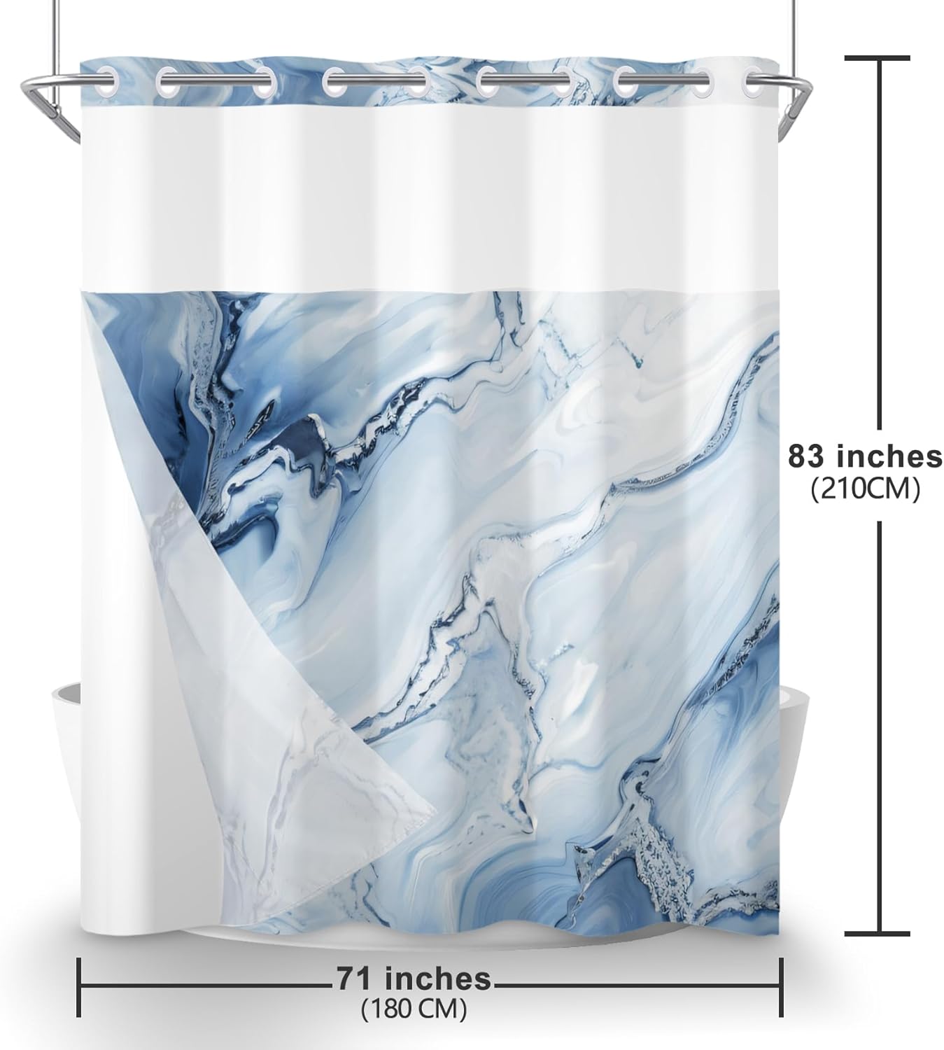 No Hook Marble Shower Curtain with Snap in Liner RingLess Shower Curtain for Bathroom Light Blue Waterproof Fabric 71x74 inch