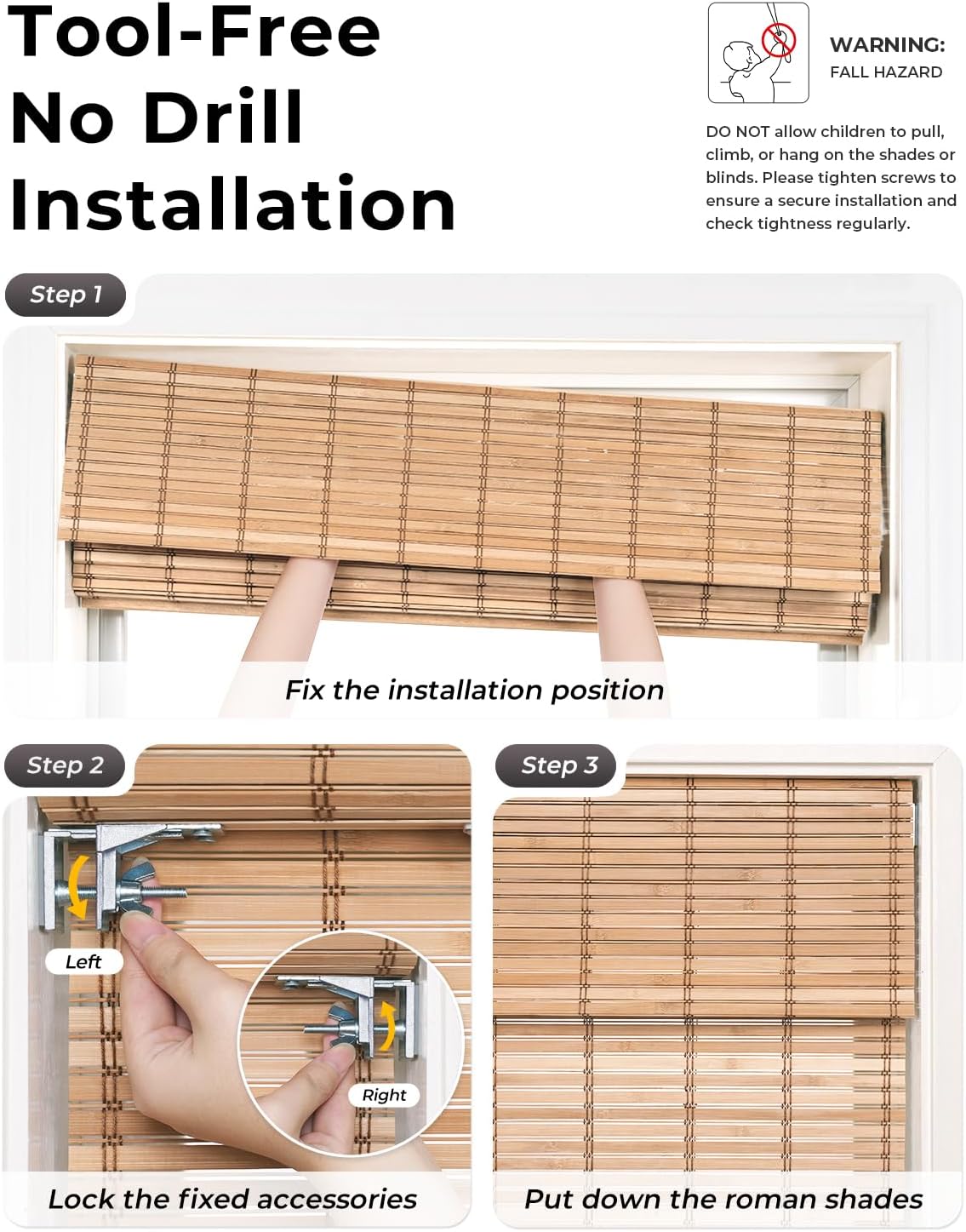 no drill cordless bamboo roman shades, light filtering woven design, easy install for windows, soft sunlight diffusing, for window size 32" w × 64" h - alternate sand tan alternate sand tan 32" w × 64" h