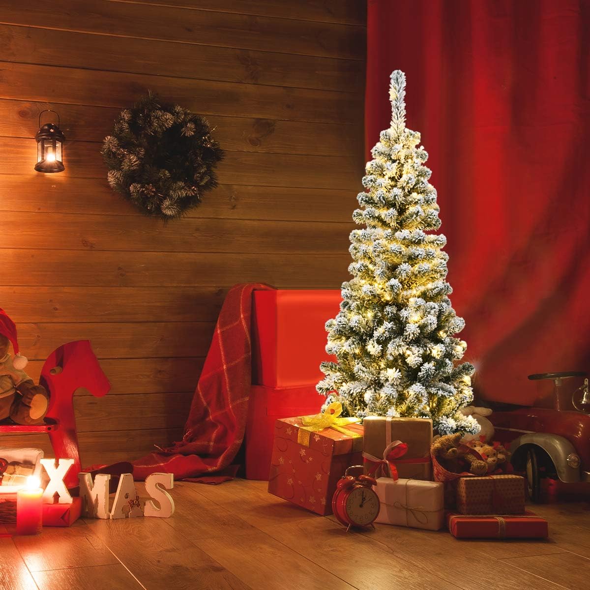 COSTWAY 135/180/225cm Bleistift Weihnachtsbaum mit Schnee und warmweißen LED-Leuchten, künstlicher Tannenbaum mit Metallständer, Christbaum PVC Nadeln, Kunstbaum Weihnachten Klappsystem Grün (135cm)