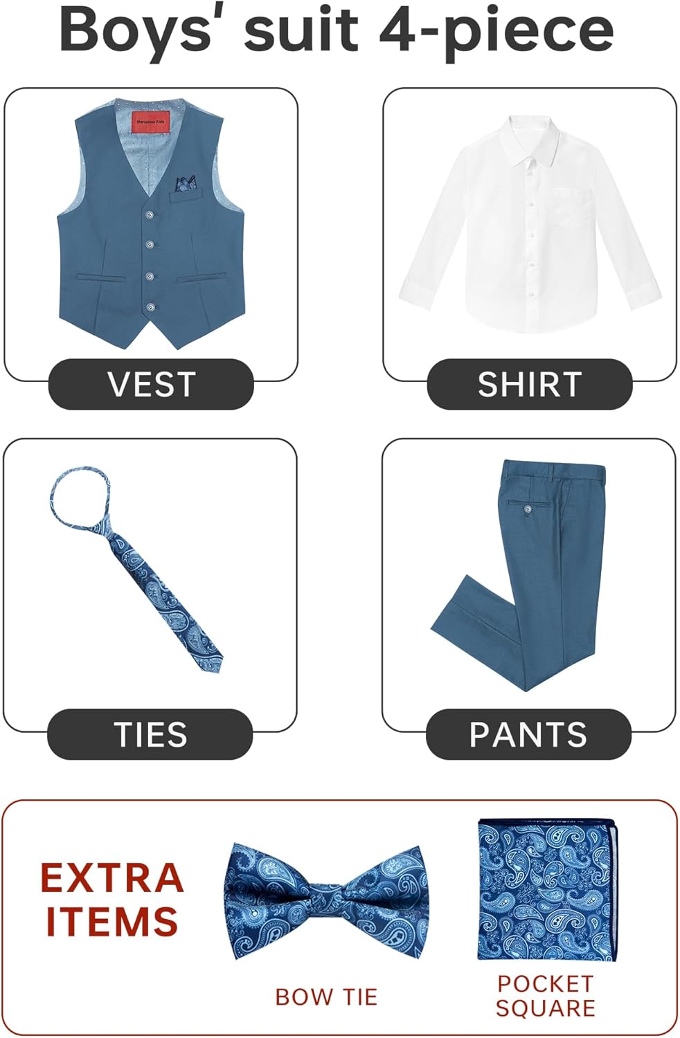 Boys' 6-Piece Formal Slim Fit Suit Set, Vest, Pants, Dress Shirt, Tie, Pocket Square, and Bow Tie - Image 2
