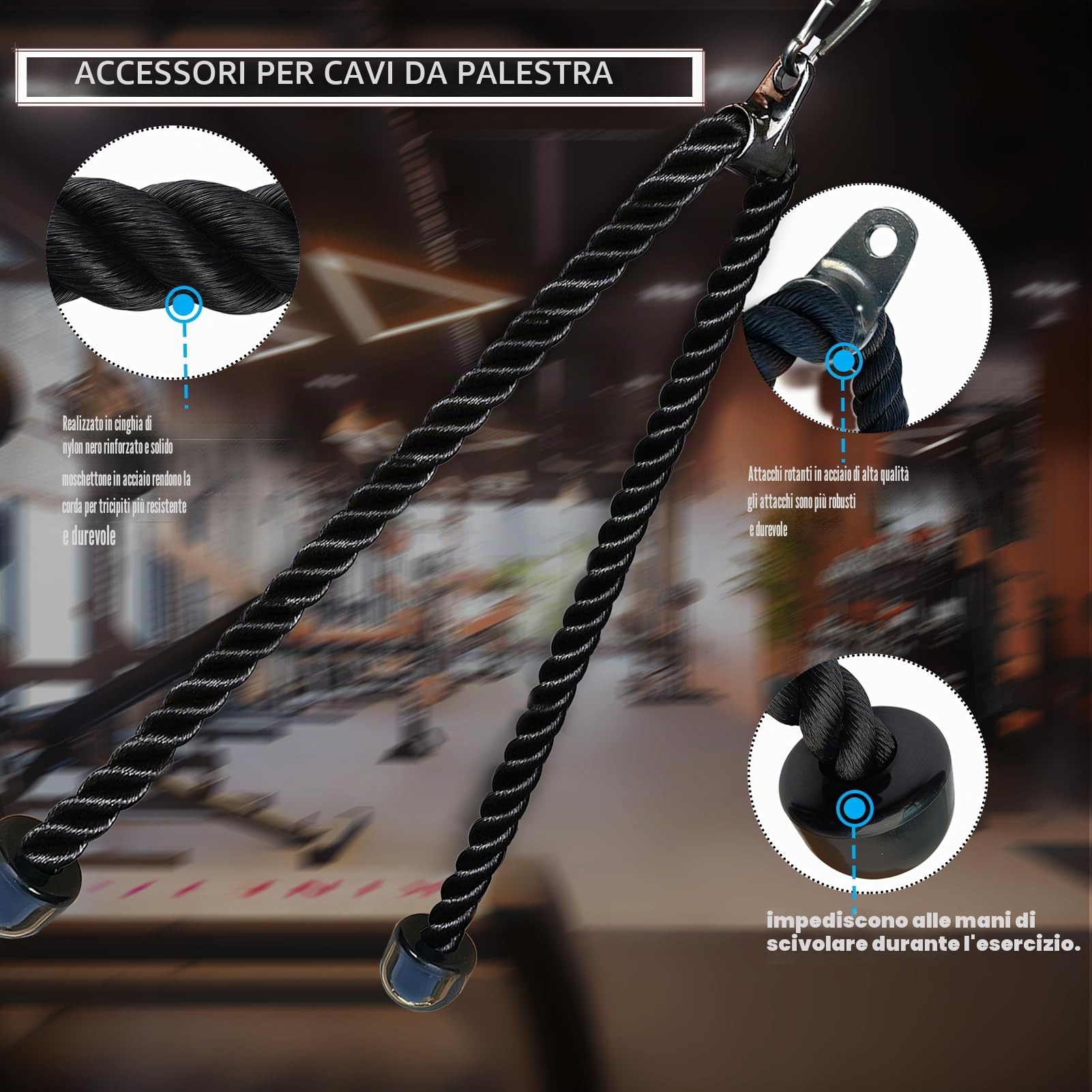 Corda lunga per tricipiti, accessorio per tricipiti, lunghezza 119,7 cm, cavo per tricipiti, corda per tricipiti, per sistema di pulegge da palestra domestica, attacco per macchina per cavi