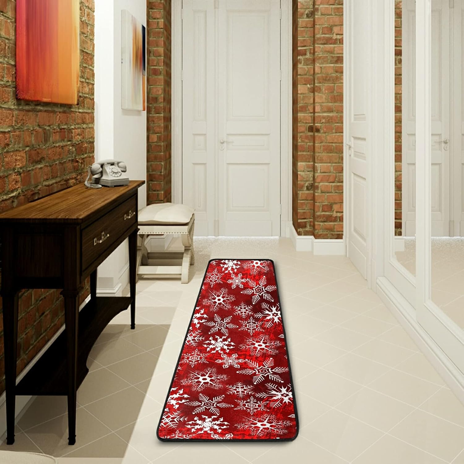 Christmas Runner Rug, Red Pattern with Snowflakes Flower Runner Rug Floor Mat Non-Skid Kitchen Rug Soft Area Rug for Bathroom Entryway Hallway Dining Living Room