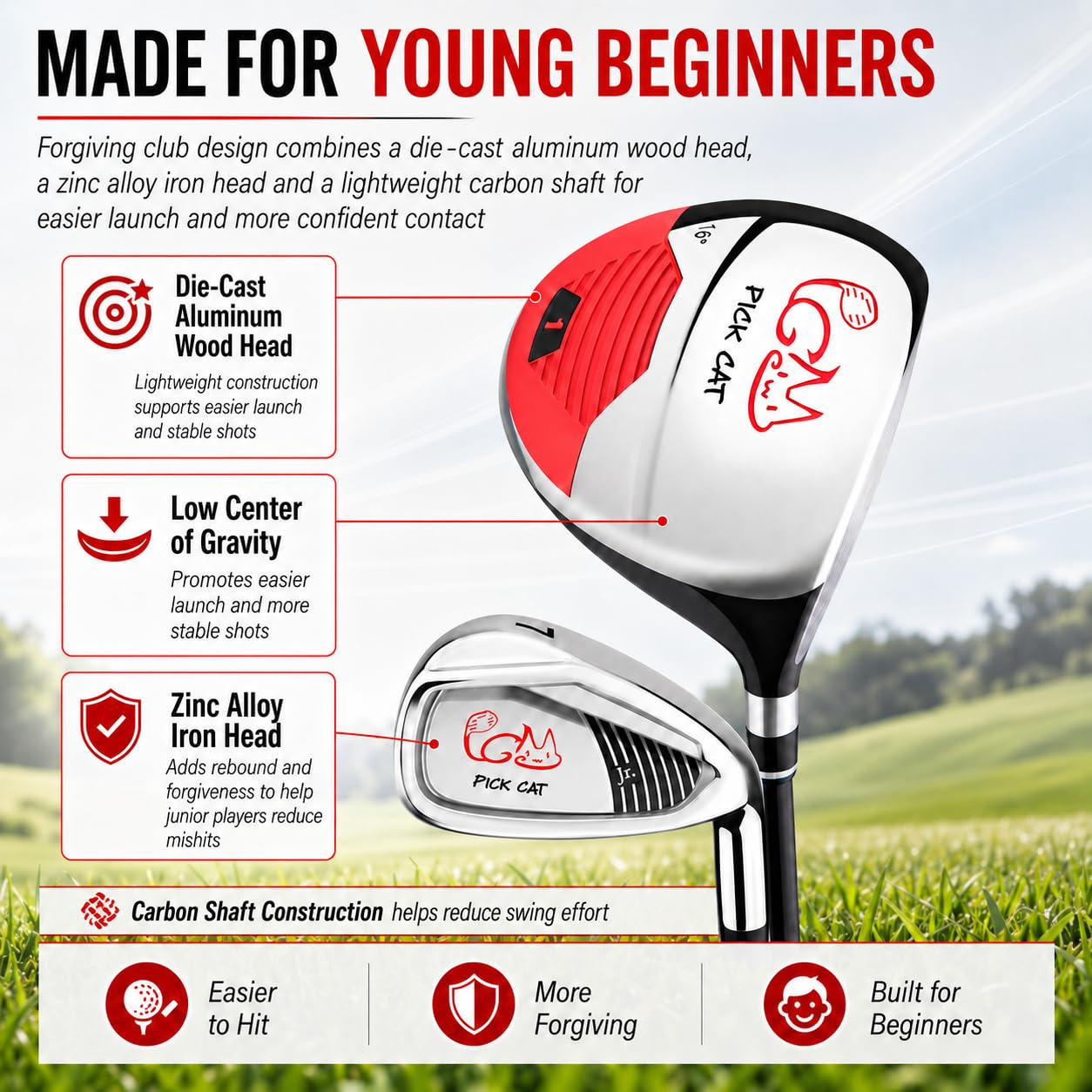 PGM Junior Golfschläger Komplettset für Kinder Kinder, 5 Golfschläger mit Standtasche und 2 Schlägerhauben für Jungen & Mädchen, rechte Hand