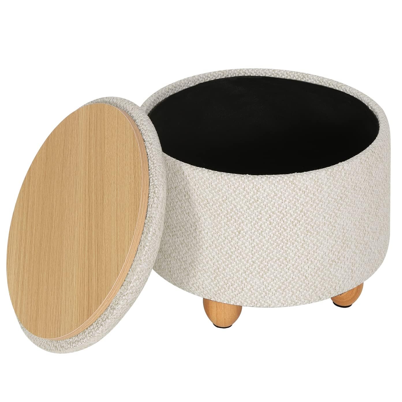 WOLTU Round Stool with Storage Space, Footstool with Lid, Padded Stool, Solid Wood Legs, Linen Cover, Diameter 39x33cm, Cream White