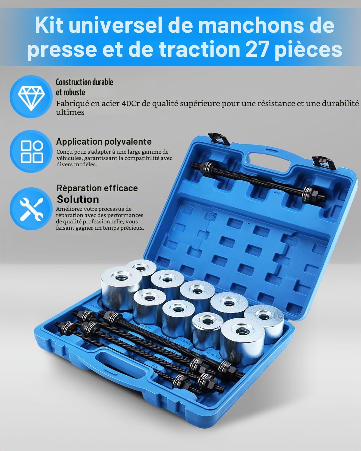 BOOMSTART Kit d'outils de roulement Silencieux de 27 pièces pour extraire Les Douilles en Caoutchouc, Les Douilles et Les roulements d'essieu, pour Le Montage et Le démontage