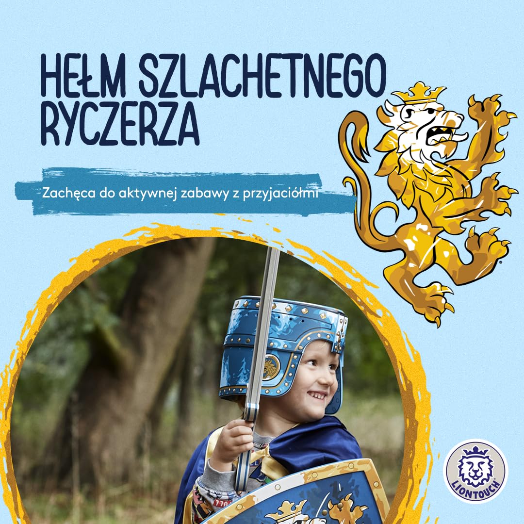 Liontouch Szlachetny kask rycerski, niebieski, średniowieczna zabawka do zabawy w formie pianki dla dzieci ze złotym lwem, trwała i bezpieczna zbroja, akcesorium do przebrania i kostiumów rycerza dla