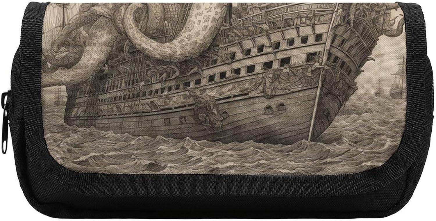 Pencil Case Sailing Pirate Octopus Large Capacity Pencil Case Double Zipper Storage Bag 2 Compartments Portable Multifunctional Bag Desk Organizer Marker Pen Case