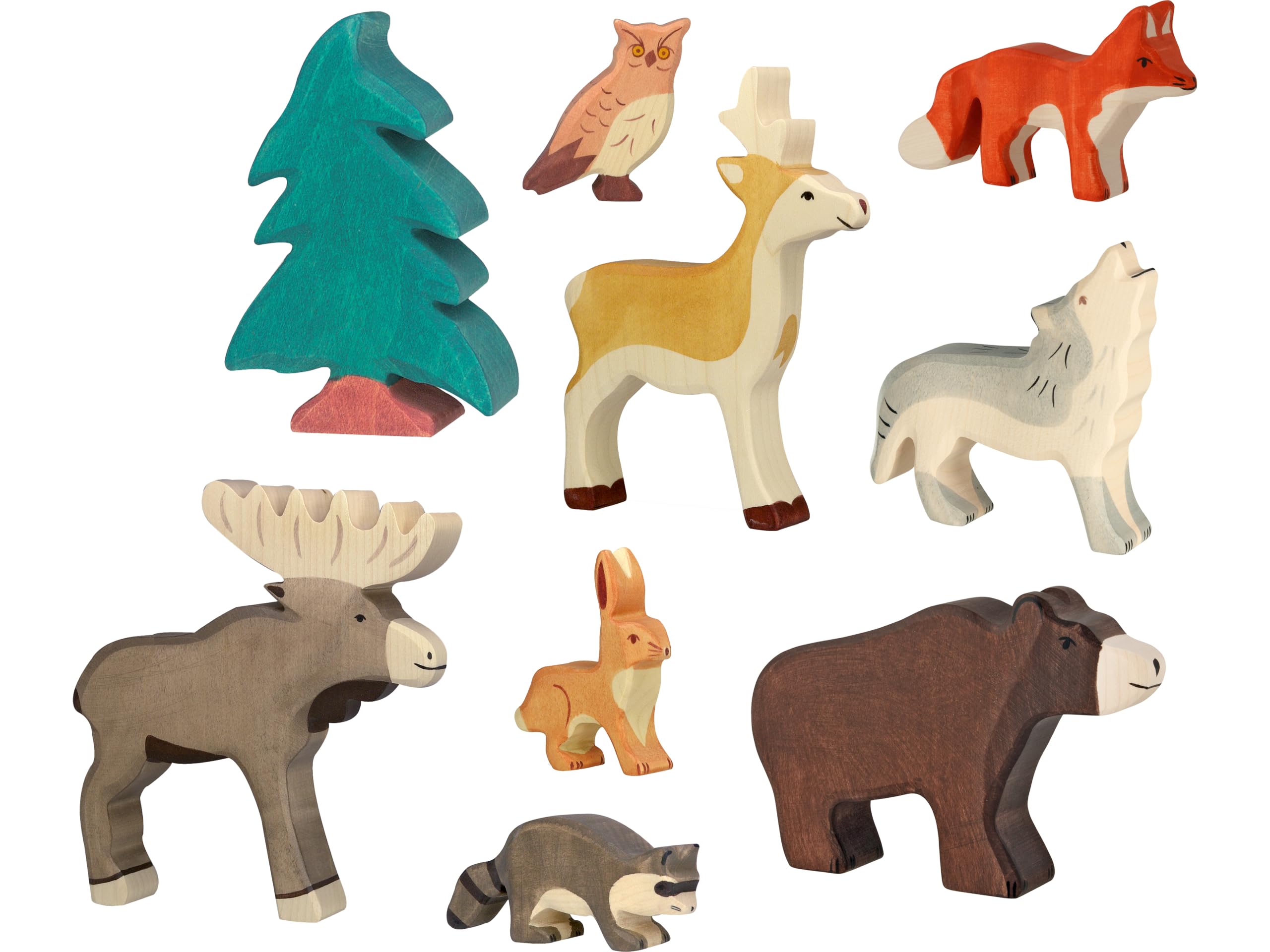 Holztiger 6617 Set Wilder Wald - 9 Spielfiguren aus Holz, Braunbär, Elch, Fuchs, Hase, Wolf, Rehbock, Waschbär, Uhu und Nadelbaum, handbemalte Spielzeugtiere für Kinder, Made in Europe