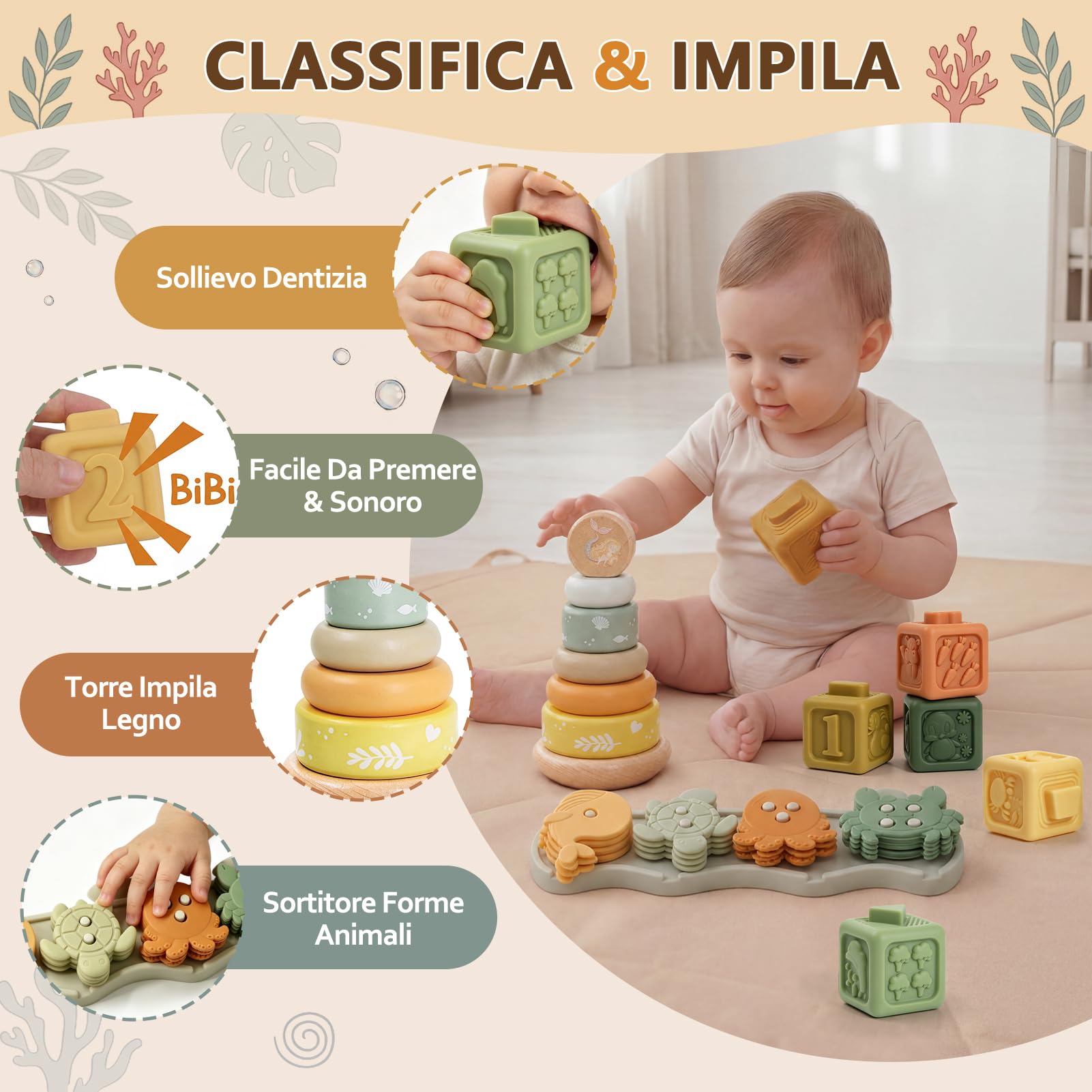 Anook Giochi Montessori 6 Mesi, 5 in 1 Giochi 6 8 10 Mesi Include Giochi Bambini Formine, Costruzioni Bambini 6 Mesi, Scatola di Fazzoletti, Giochi Sensoriali Neonato per Regalo Bimba Bimbo 6-24 Mesi