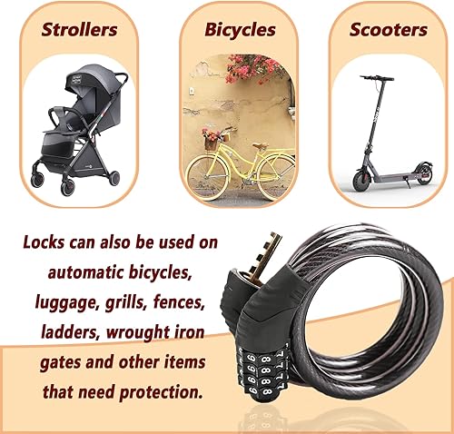 Miniatura 4 de Candado de bicicleta de combinación de 4 dígitos, cerradura de cable antirrobo resistente con seguridad sin llave, diseño resistente a la intemperie