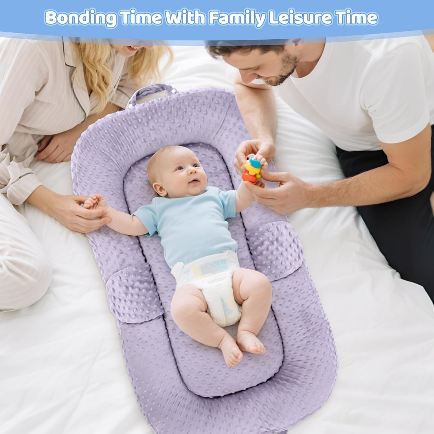Baby Lounger for Newborn,0-12 months,Foldable Soft Infant Lounger pillow for Home and Travel, Baby Nest Lounger with cover,Multi-Use Portable baby lounger for Supervised Play&Tummy Time, Purple