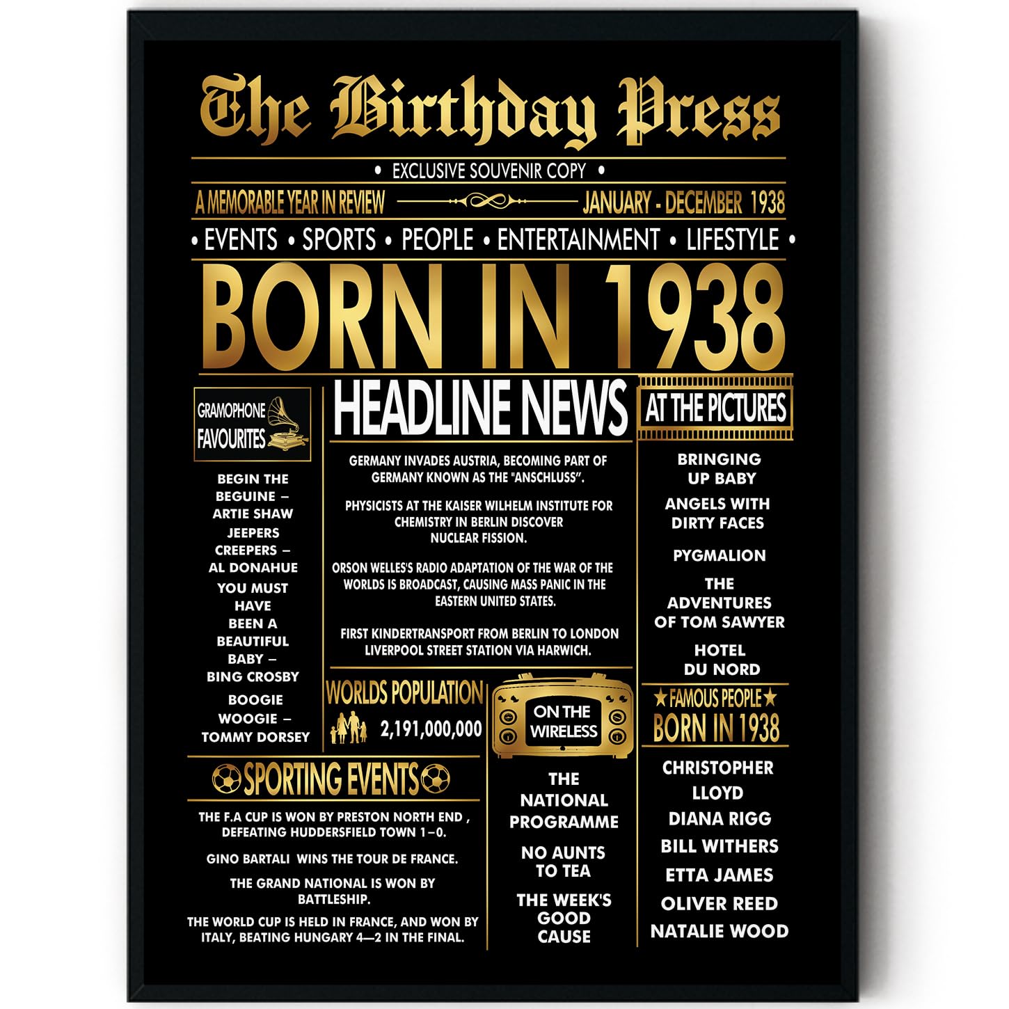 Stuff4 Men's 1938 Gold 88Th Birthday Poster Framed - Golden Born In Newspaper - Happy 88 Birthday For Wo Retro Vintage Gifts Back In 8X10 Inch Bday Party Decor Decoration