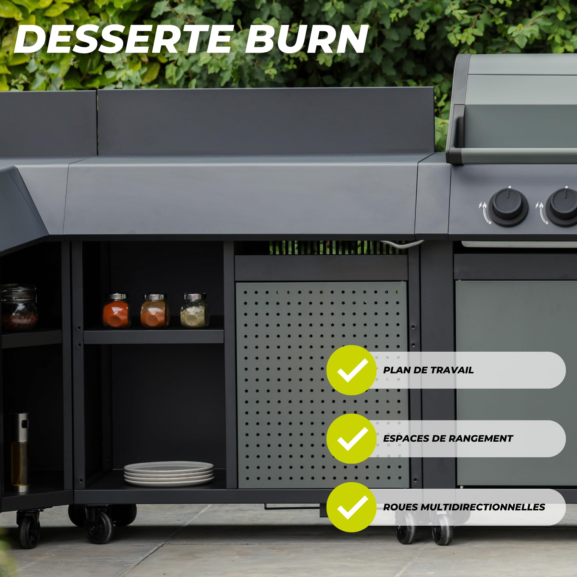 Cook'in garden - Desserte Burn, Chariot avec Plan de Travail Compatible Barbecue et Evier, Meuble sur roulettes Facile à Déplacer, Grand Espace de Rangement, Acier Époxy, Noir