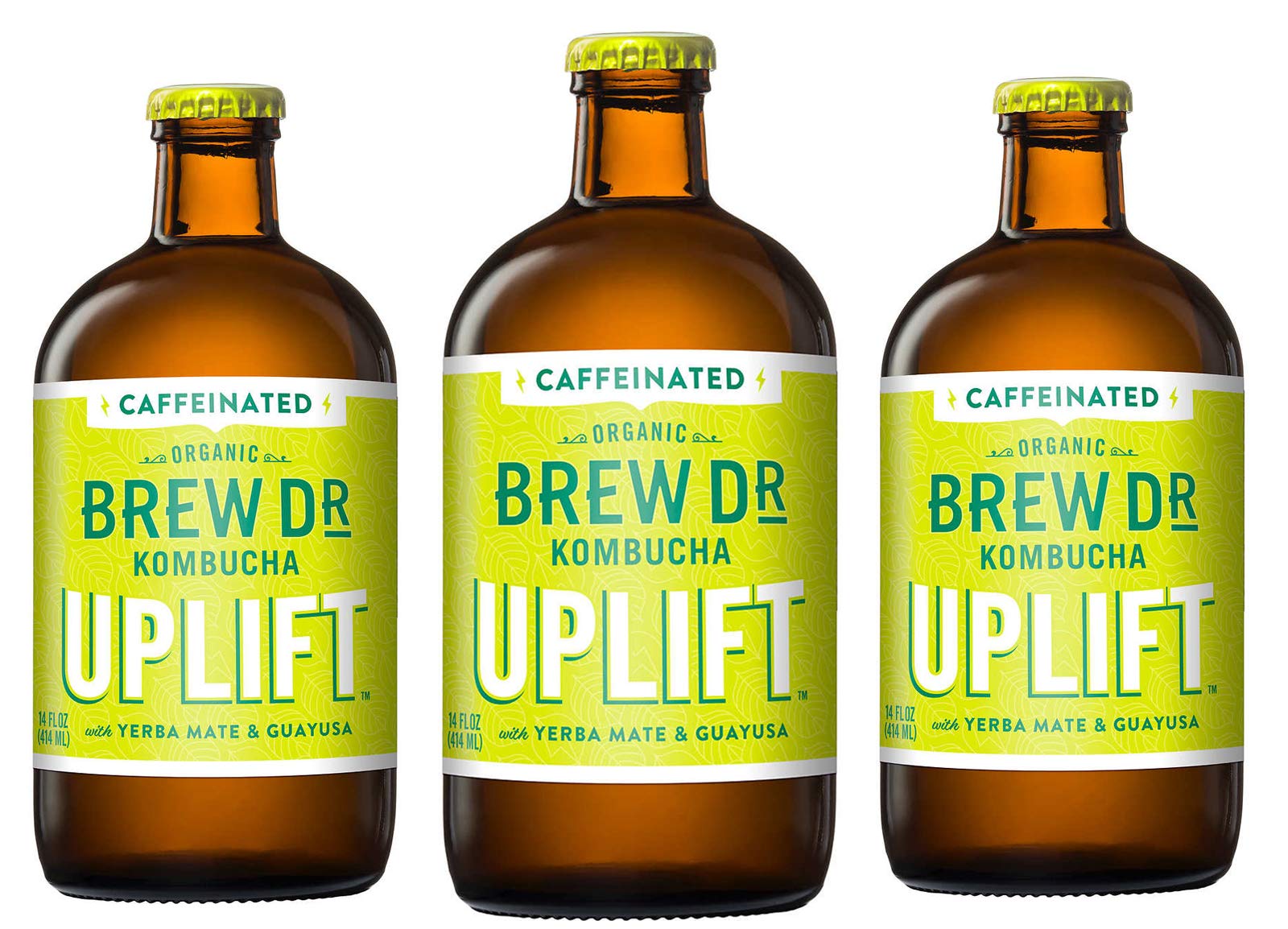 Brew Dr Uplift with Yerba Mate & Guayusa, (Caffeinated) Raw Organic Kombucha, 14 oz bottles, (3 Pack)