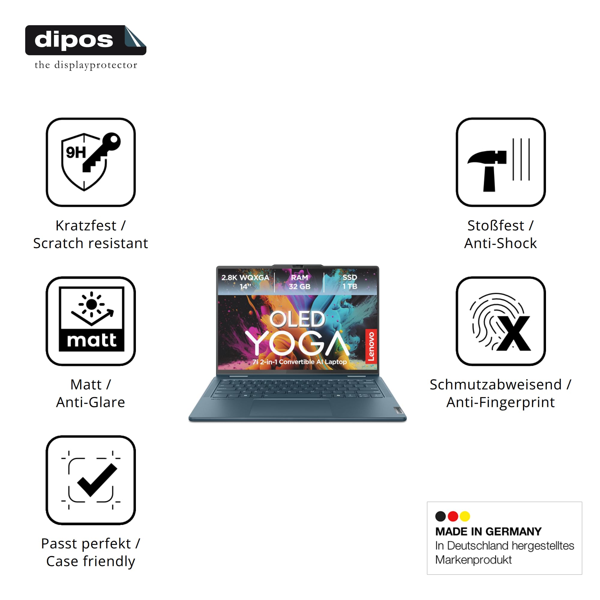 dipos 2x Pellicola 9H opaca per Lenovo Yoga 7i 2-in-1 Gen10 14 Zoll | Antiriflesso, non si rompe e non si scheggia, non è vero vetro, Anti-Shock, antigraffio, senza bolle, autoadesiva