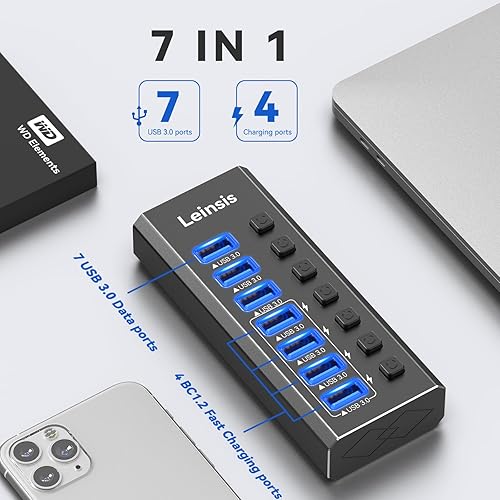 Miniatura 7 de Hub USB 3.0 alimentado, Leinsis 7 puertos USB 3.0 Hub aluminio duradero 7 puertos de transferencia de datos + 4 puertos de carga inteligentes con