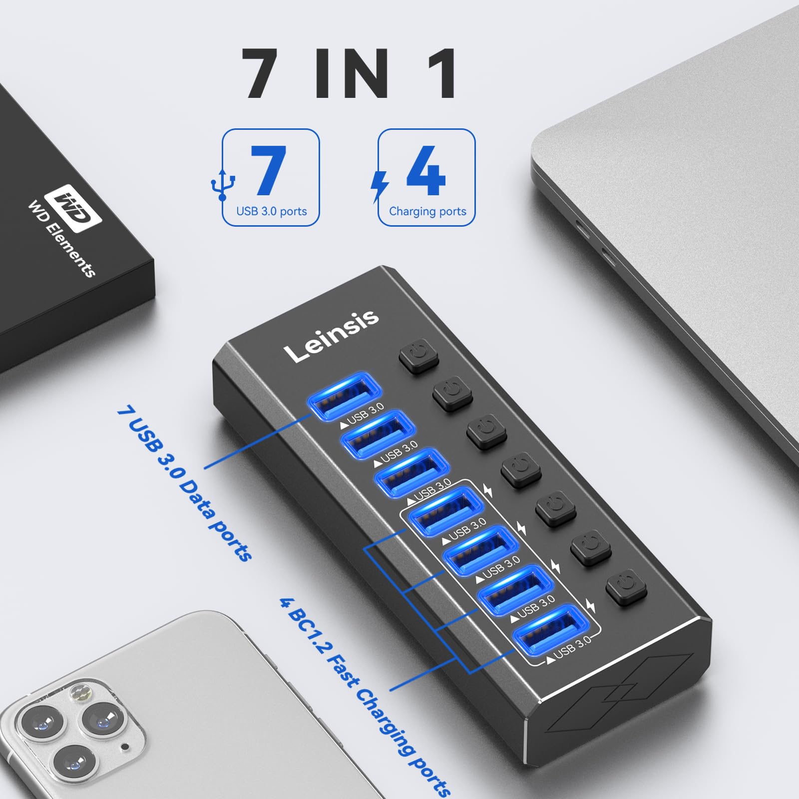 Leinsis Hub USB 3.0 de 7 puertos USB 3.0 [aluminio duradero] 7 puertos de transferencia de datos + 4 puertos de carga inteligentes con interruptores de encendido/apagado individuales, concentrador