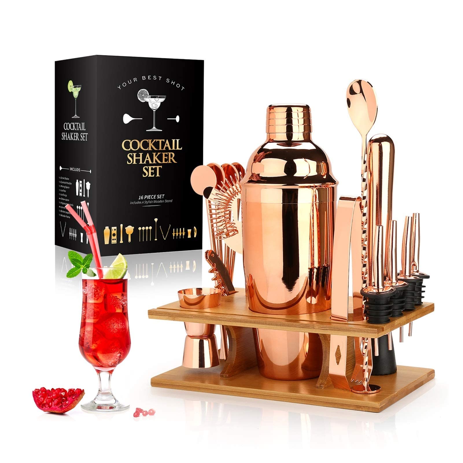 Set per la preparazione di shaker per cocktail, kit da barista da 16 pezzi per miscelatore di vino Martini, strumento per bar in acciaio inossidabile, accessori per feste da casa per bevande Set