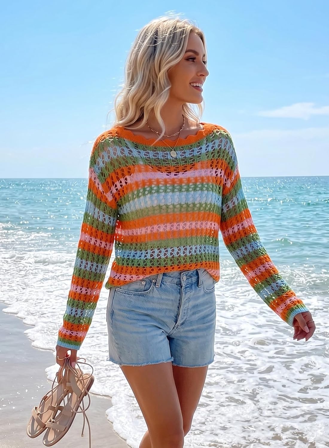 EVALESS Crochet Tops for Women Long Sleeve Hollow Out Knit Sweaters image 5