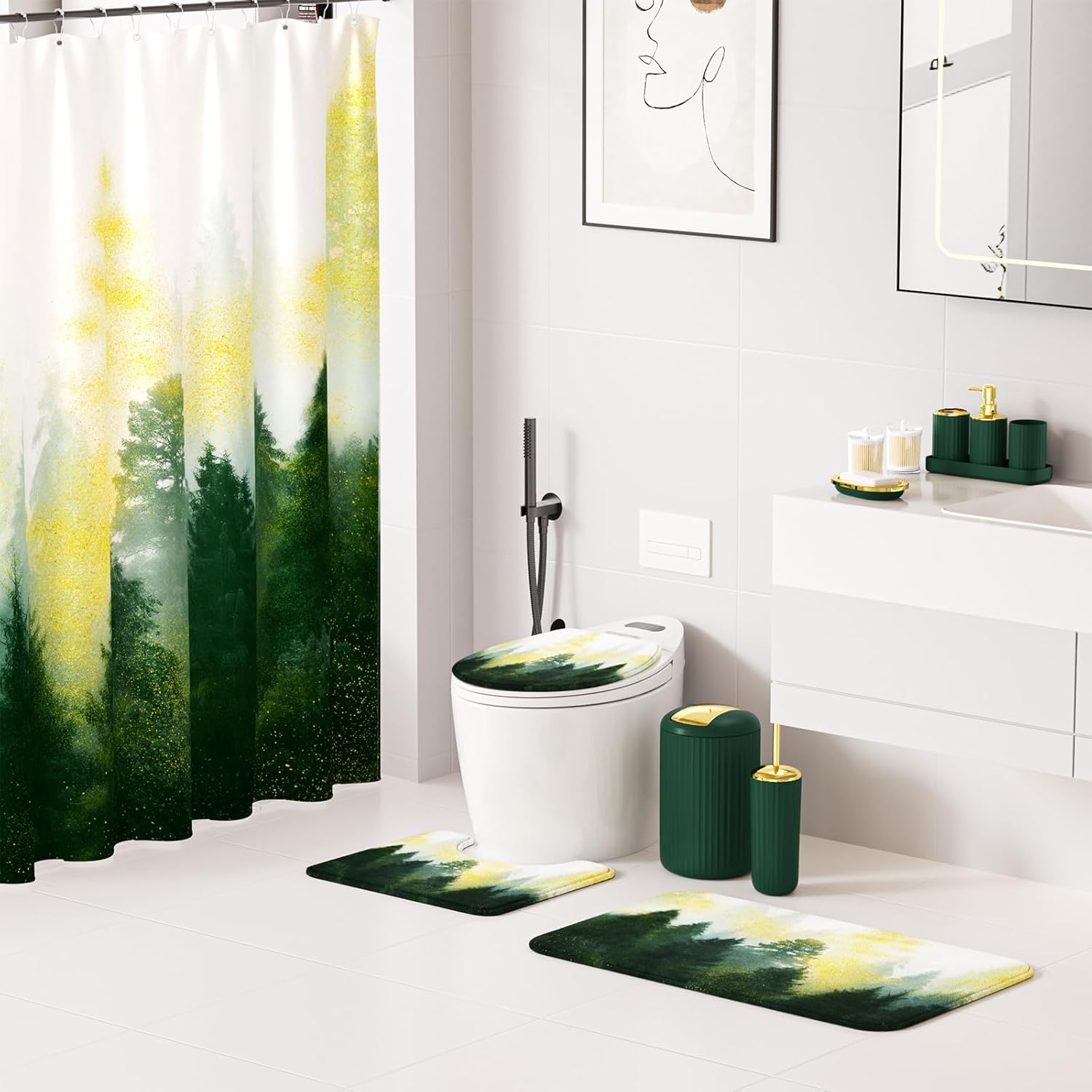Green and Gold Bathroom Accessories, Bathroom Sets with Shower Curtain and Rugs, Bath Rugs Accessory Set with Bathroom Trash Can, Soap Dispenser, Soap Dish for Home Decor