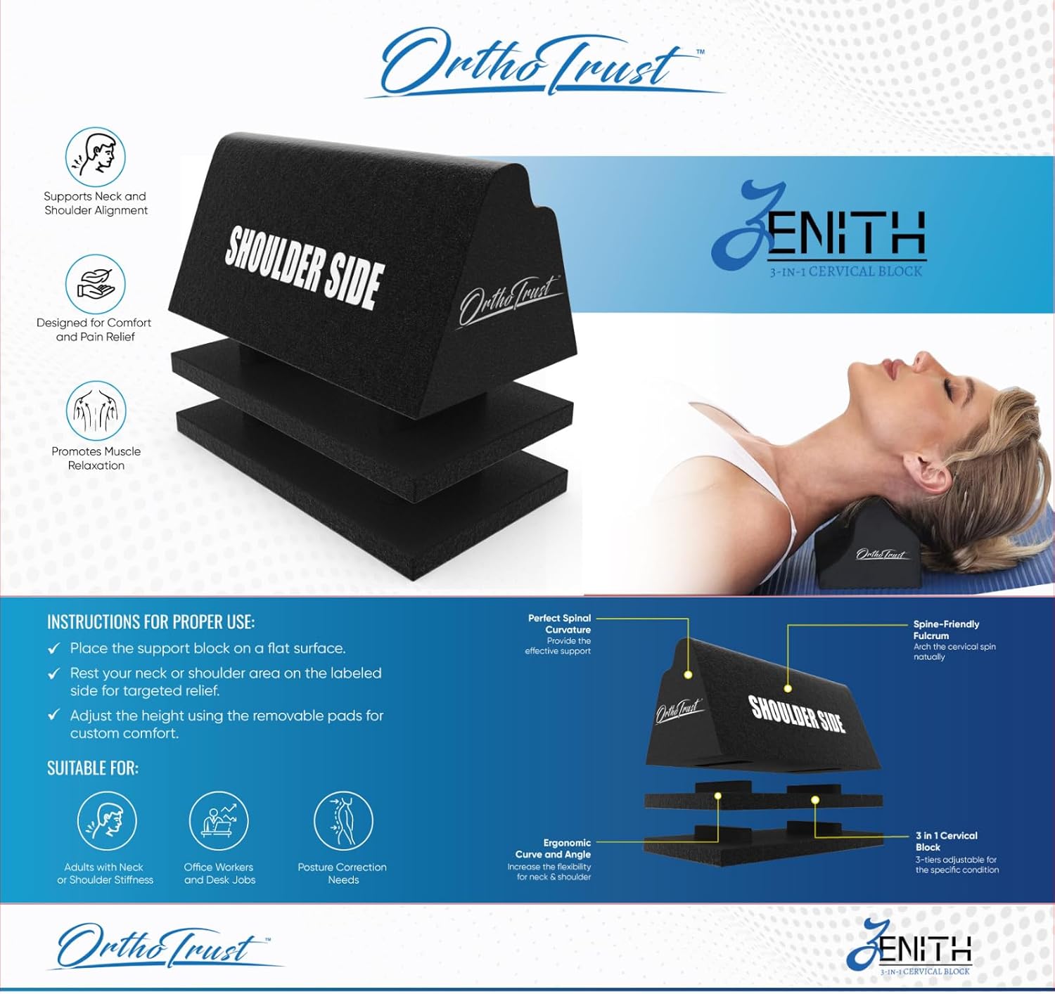 Zenith Cervical Traction Orthotic Chiropractic Neck Corrector 3-in-1 Device for Stretching Forward Head Posture Physical Therapy & Pain Relief